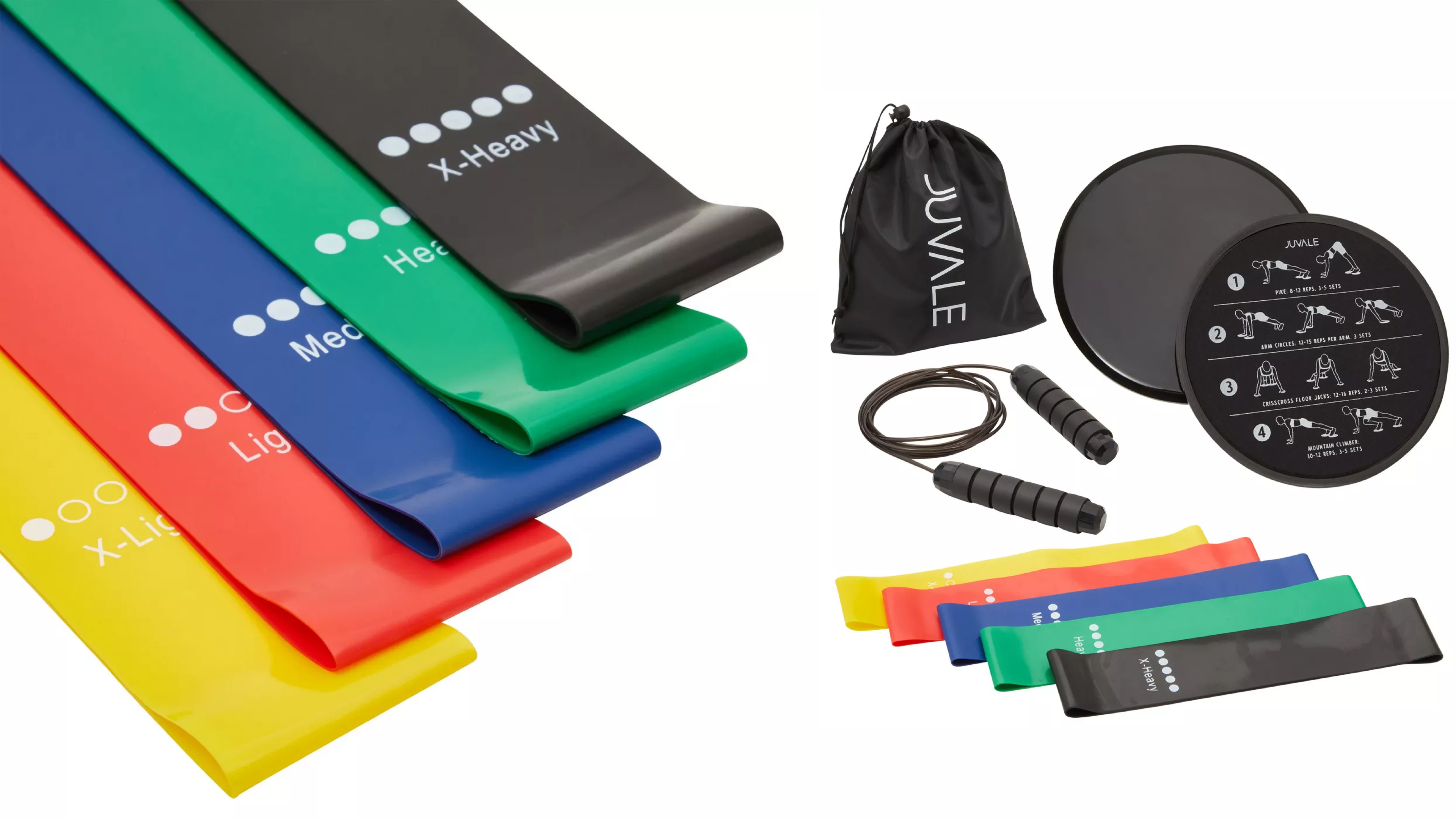 gym starter kit with resistance bands, a jump rope, and disc sliders