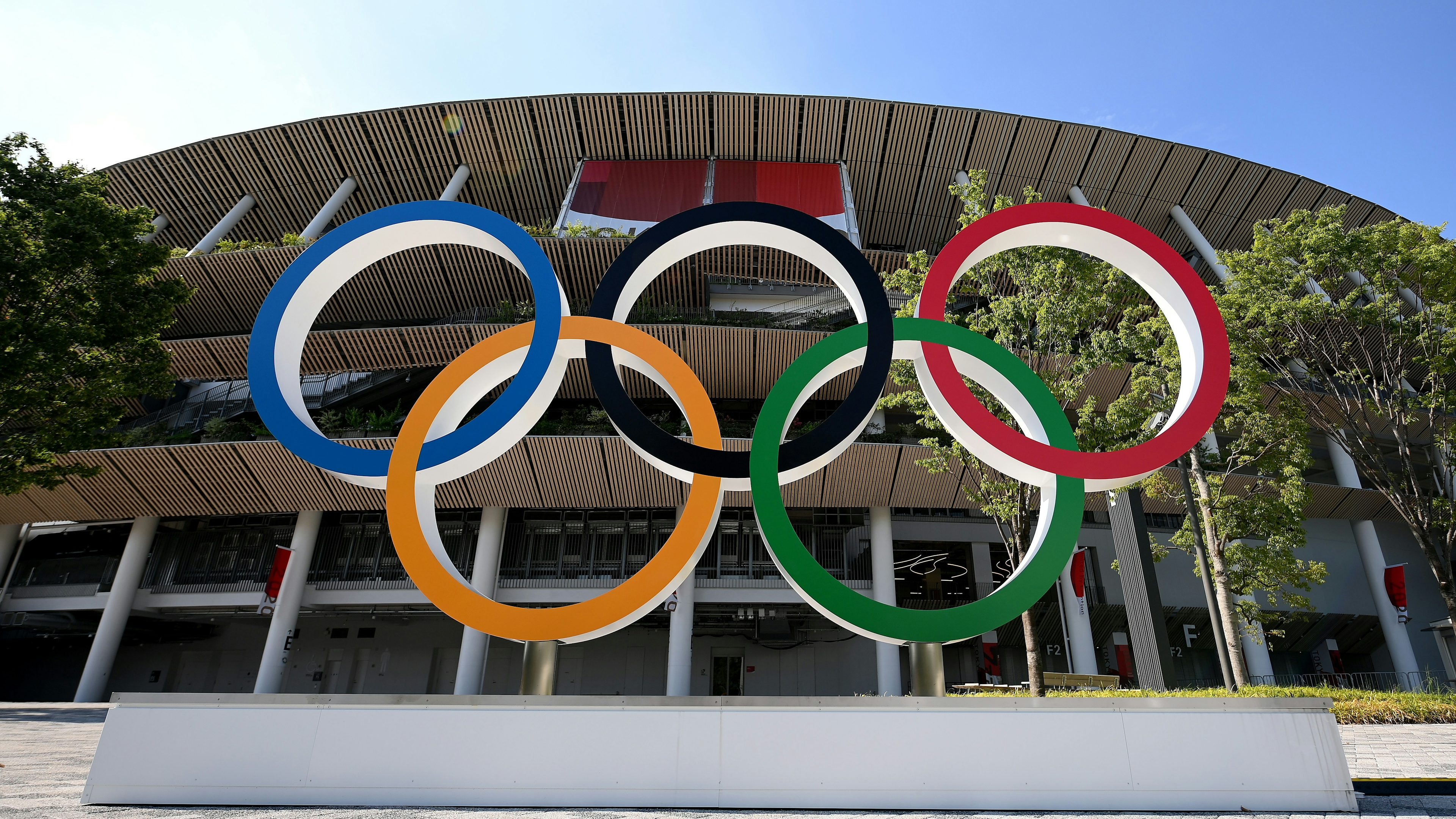 The Olympic rings outside of the stadium prior to the Opening Ceremony