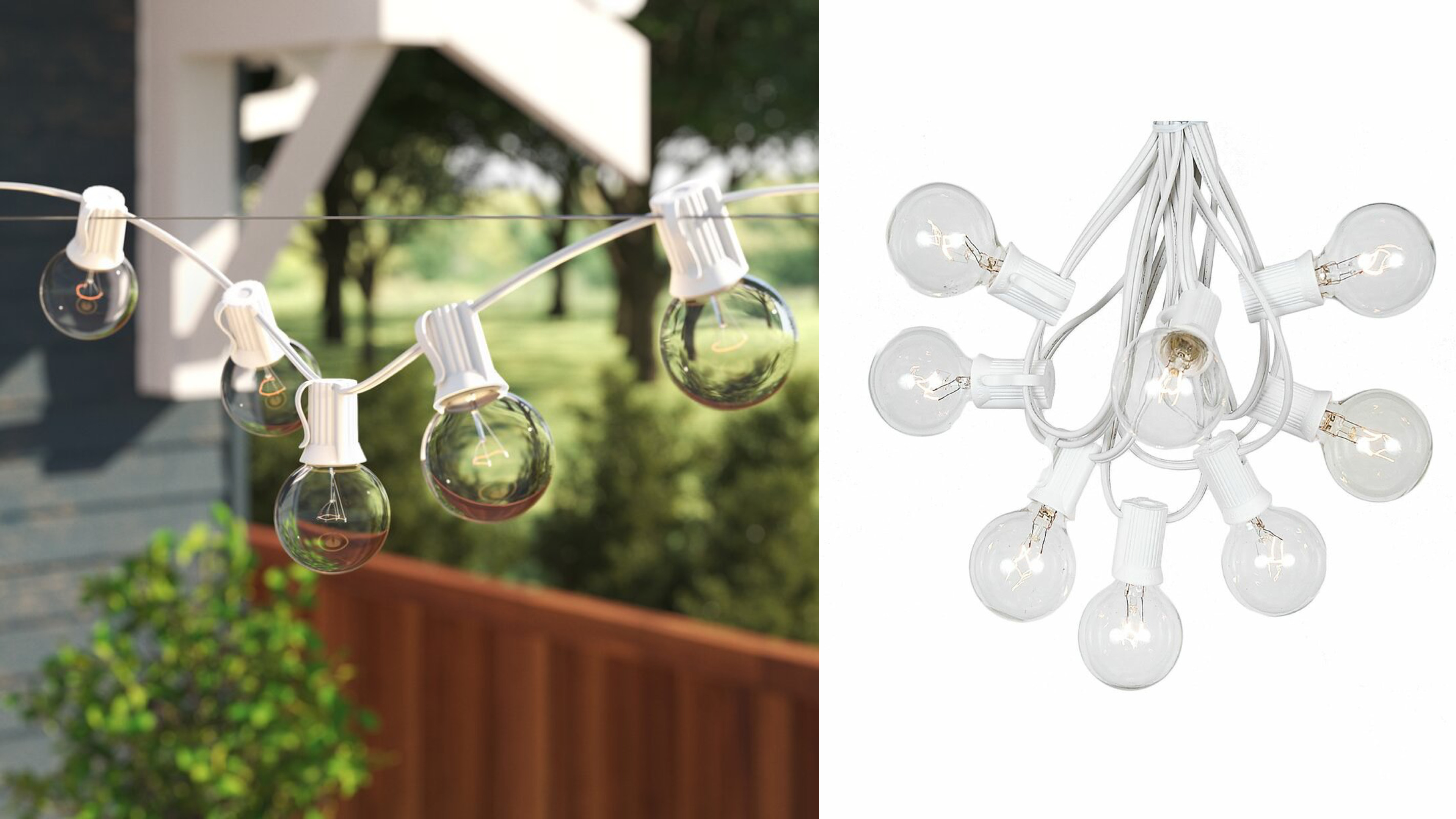 clear globe string lights on a white wire for an outdoor patio, terrace, or deck