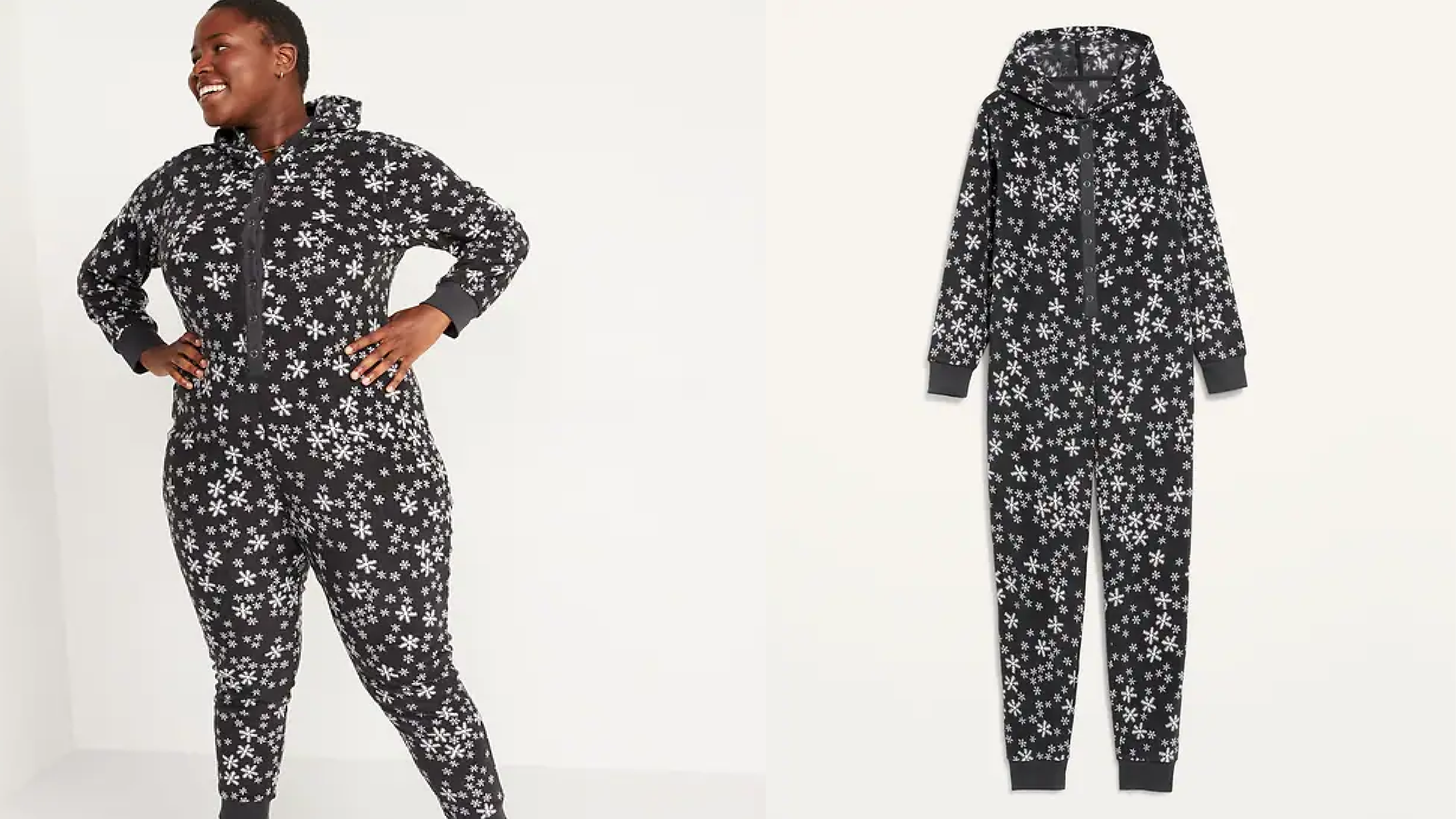 Woman wearing onesie covered in snow flakes