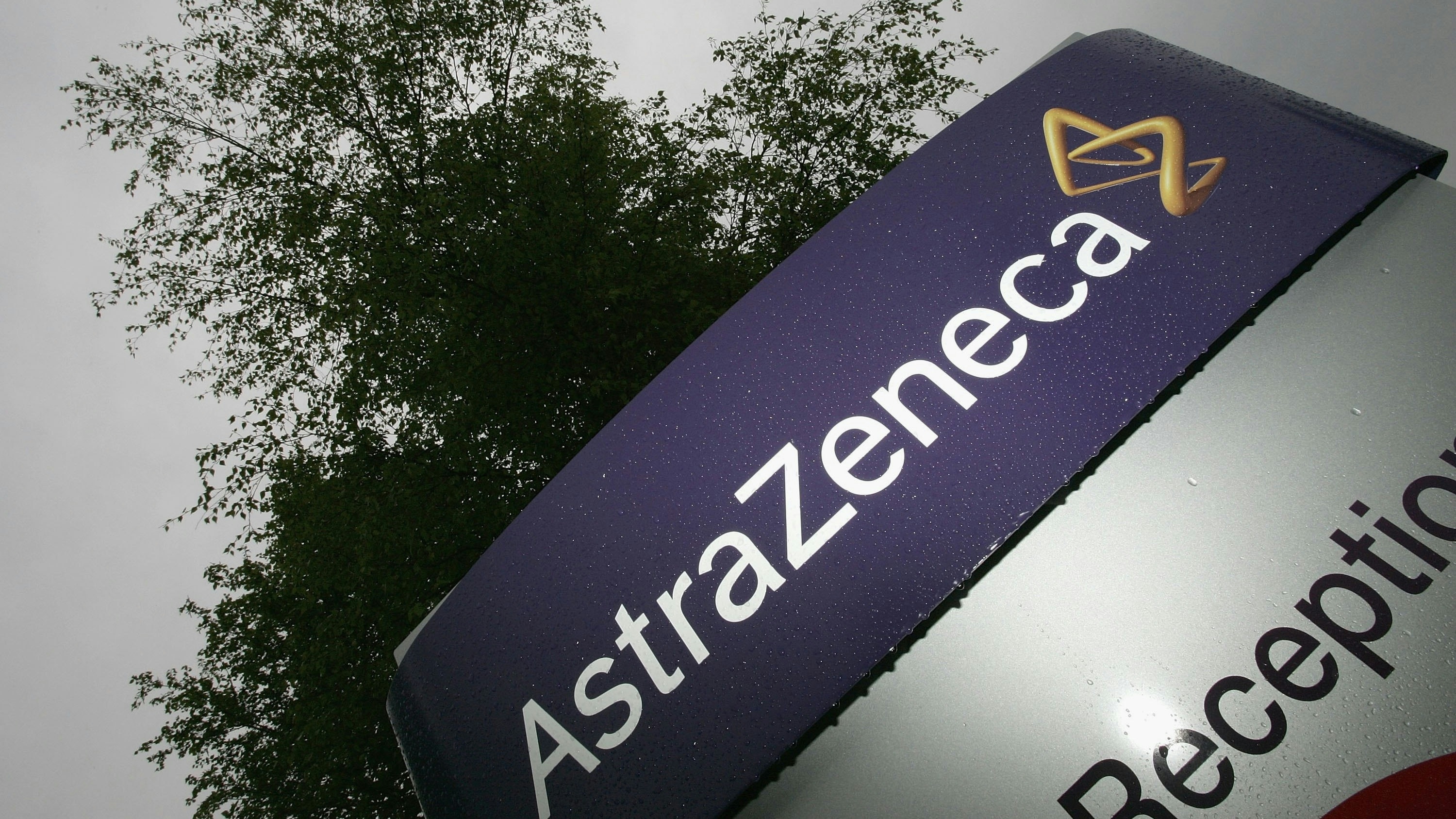 Corporate logos are seen outside the Macclesfield factory of AstraZeneca on May 15, 2006, in Macclesfield, England.