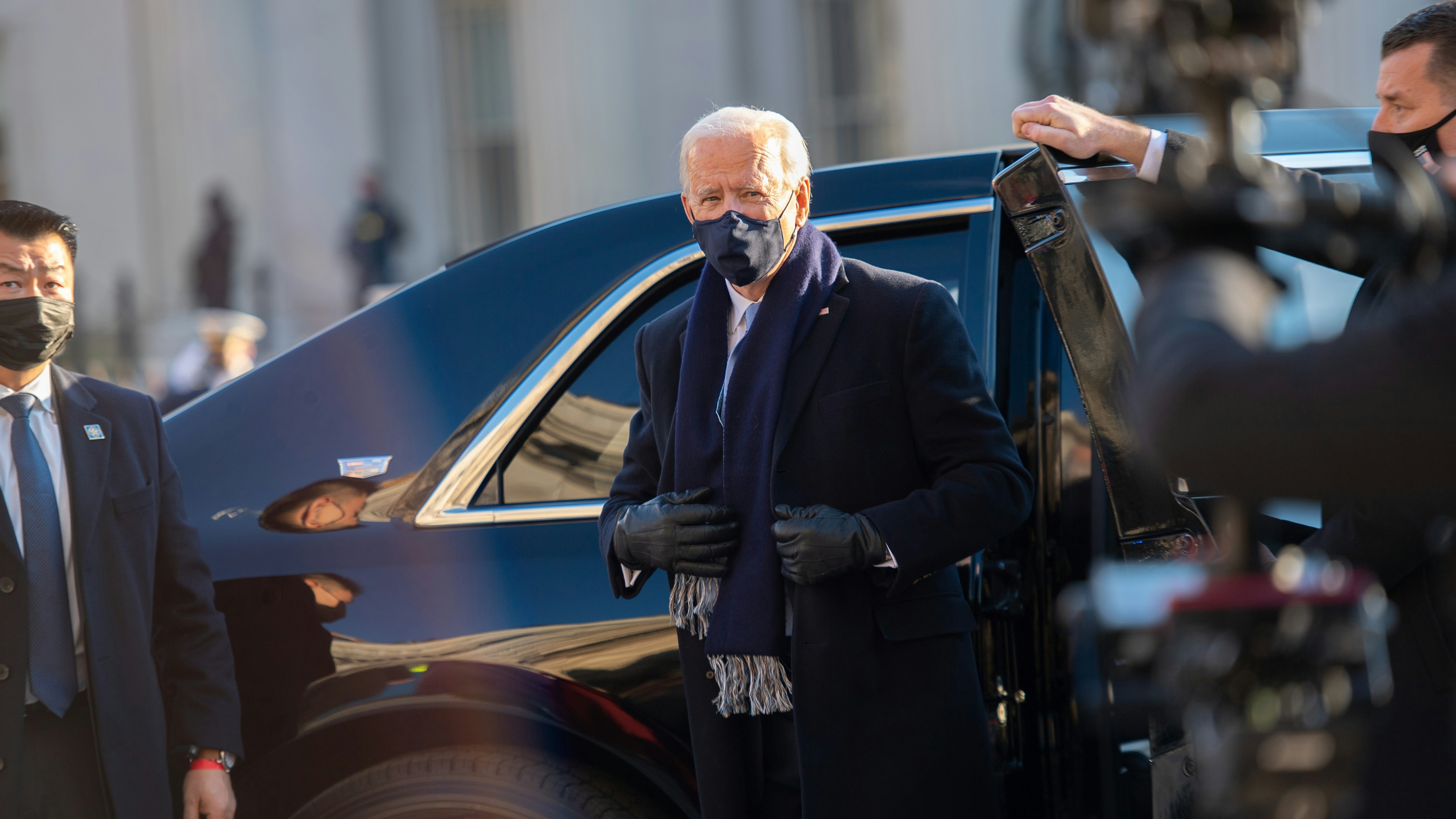U.S. President Joe Biden prepares to walk the abbreviated parade route in front of the White House after Biden's inauguration on January 20, 2021.