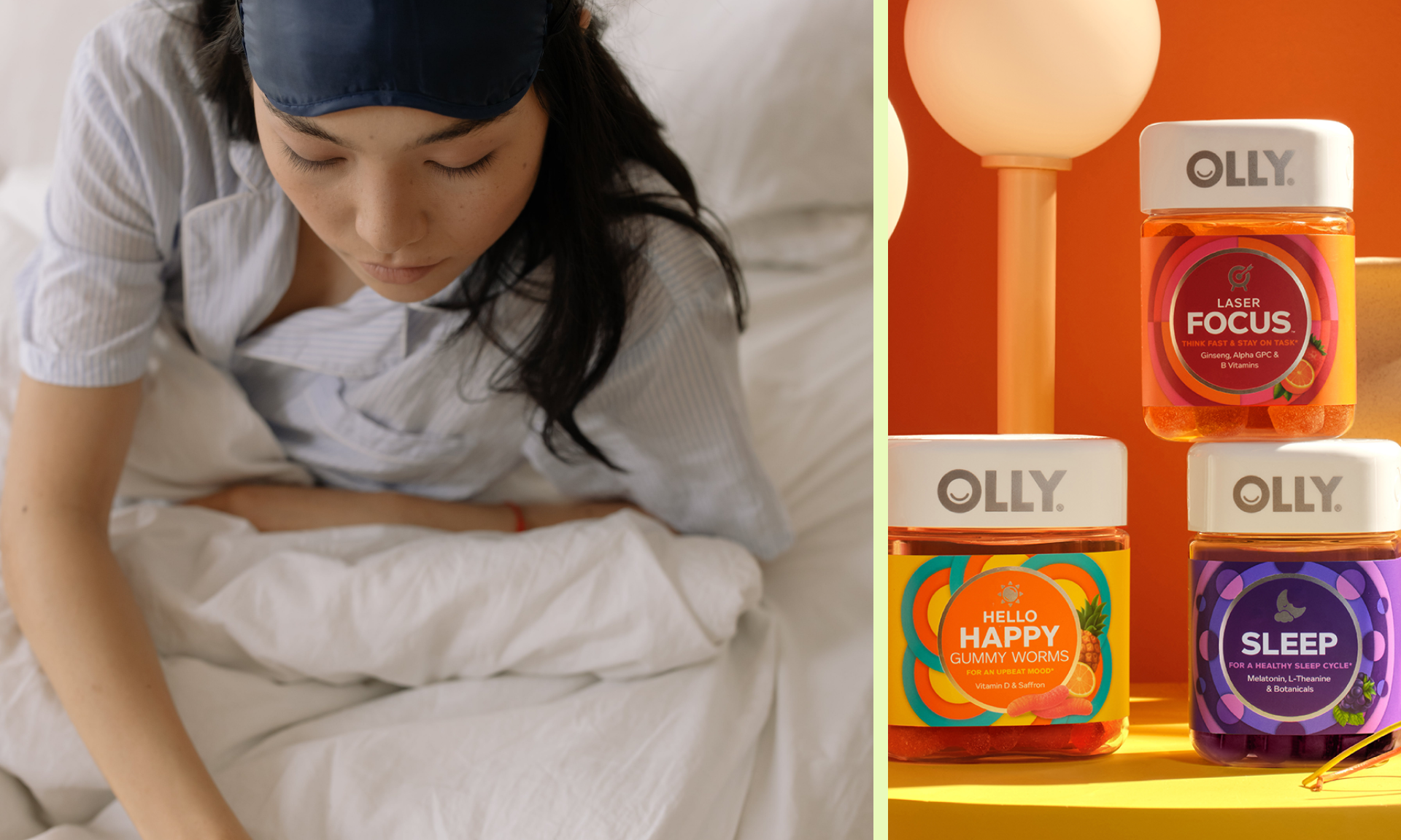 Woman wearing a sleep mask in bed next to a stack of OLLY vitamins