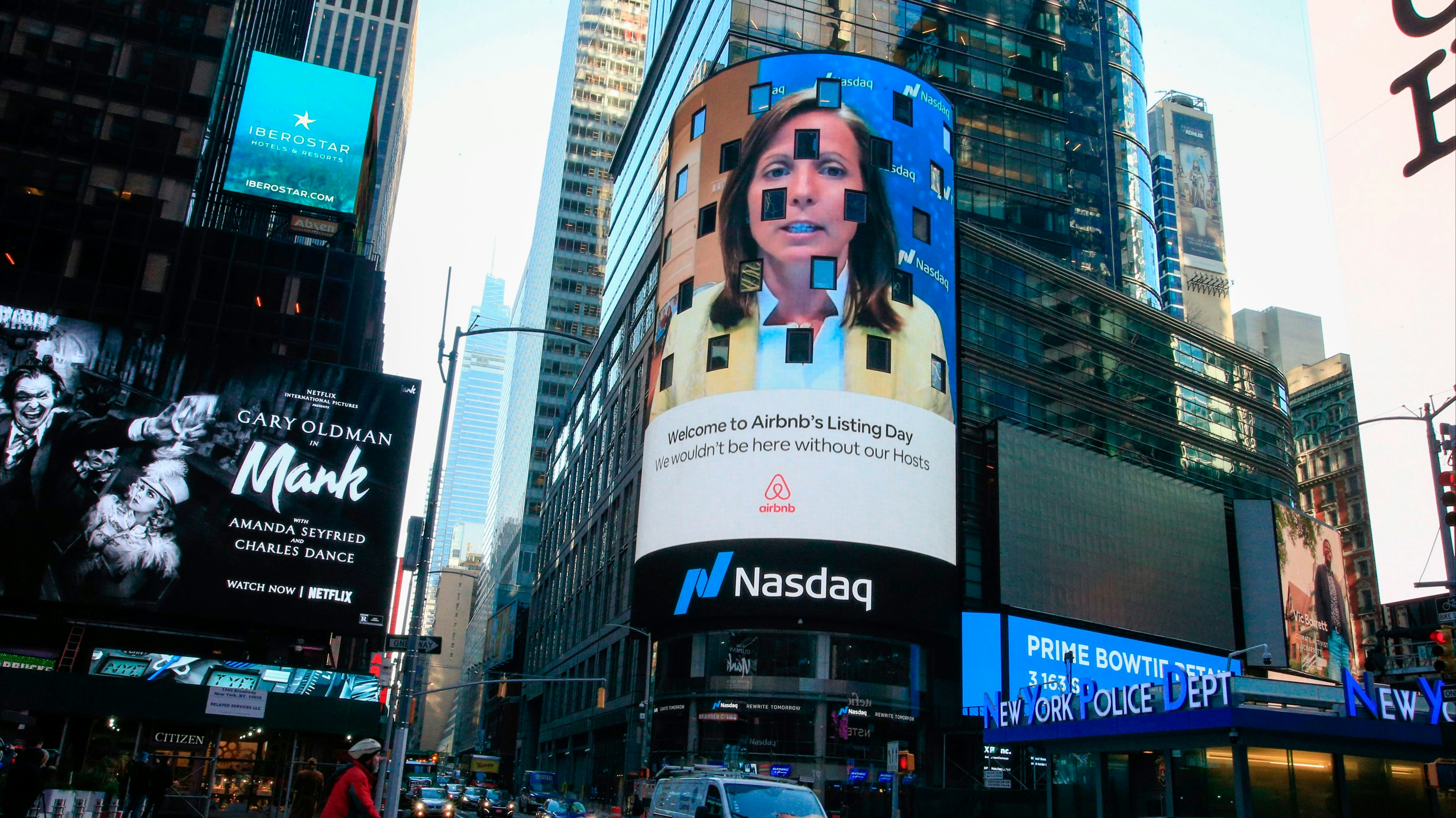 The Airbnb logo is displayed on the Nasdaq digital billboard in Times Square in New York on December 10, 2020.