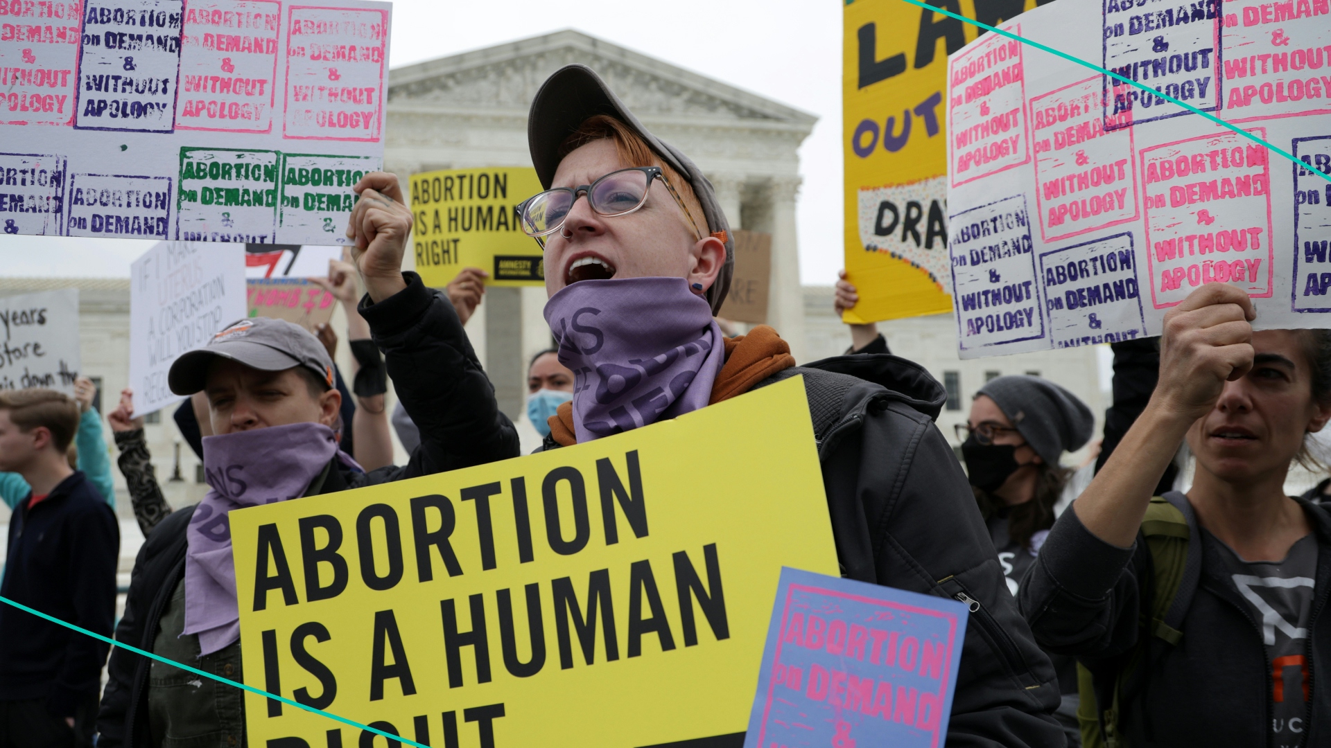 Pro-choice activists protest in response to the leaked Supreme Court draft decision to overturn Roe v. Wade.