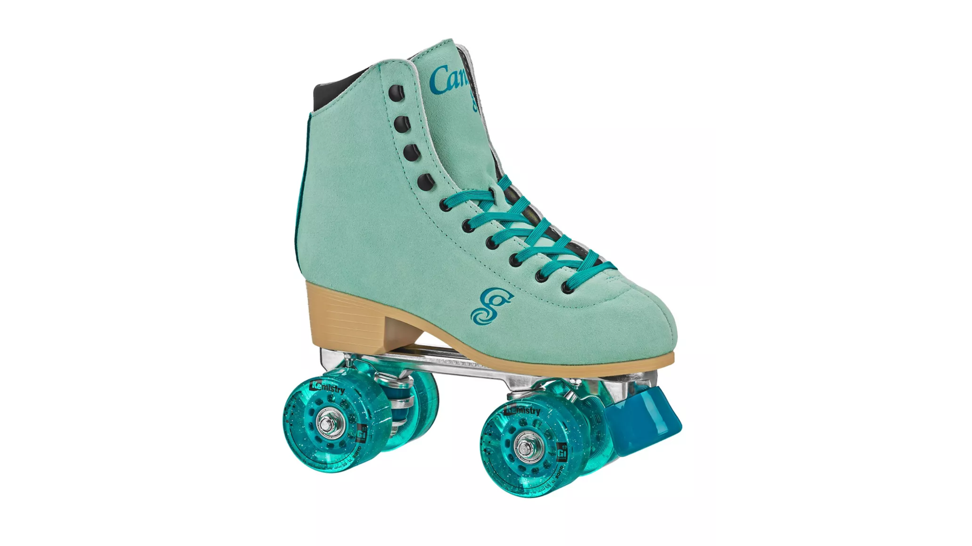 light blue suede roller skates with dark blue laces and sparkly wheels