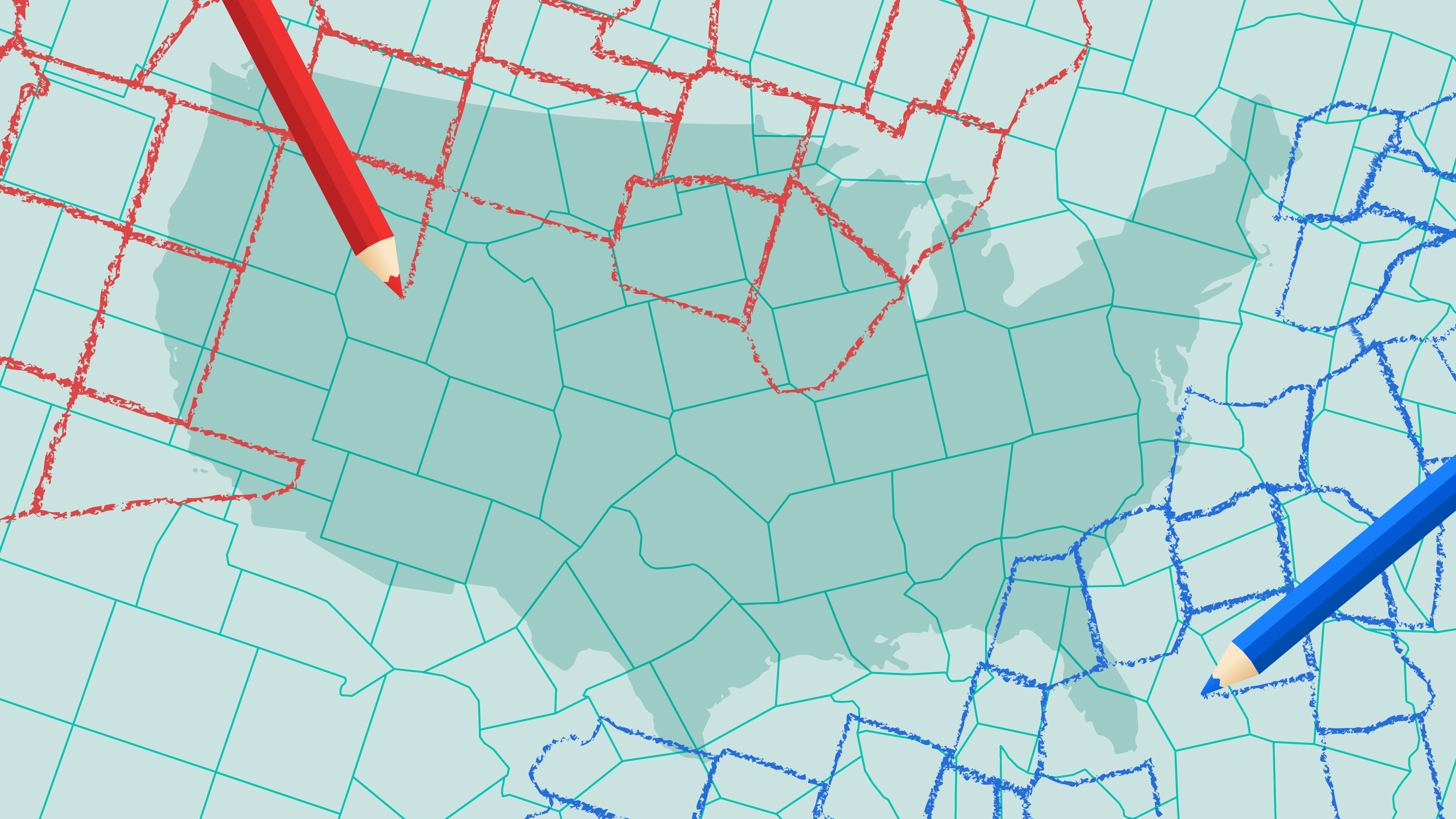An illustration of the US and boundaries being redrawn as part of the redistricting process.
