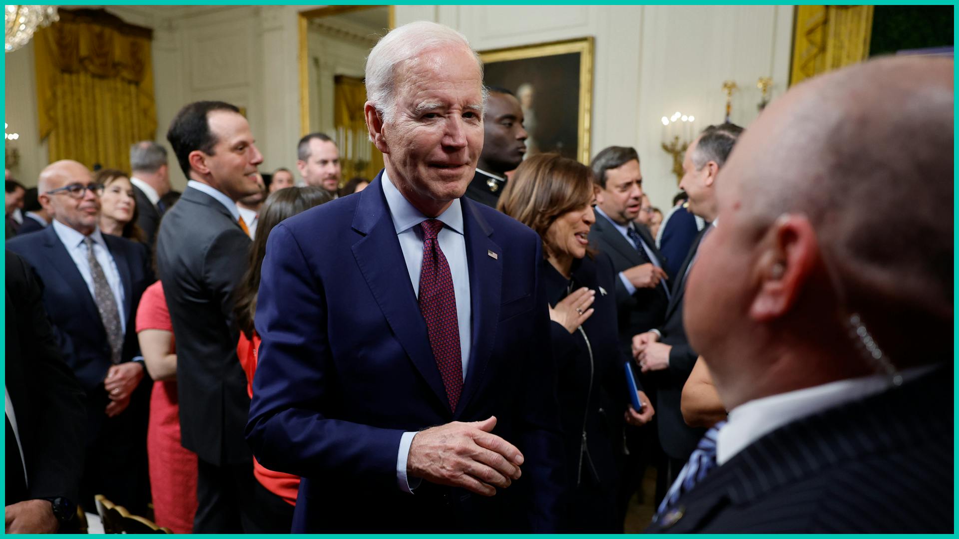 U.S. President Joe Biden departs a celebration marking Jewish American Heritage Month in the East Room of the White House on May 16, 2023 in Washington, DC