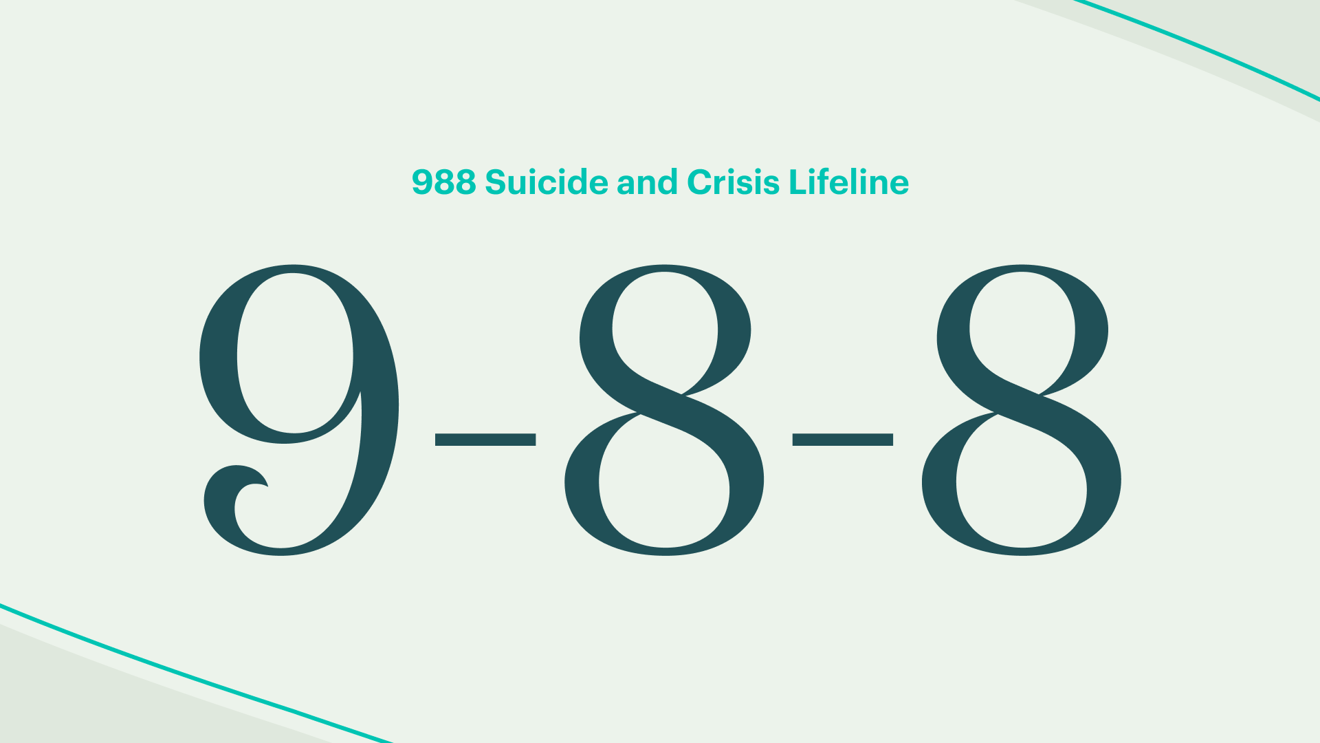 A teal graphic of 988, the new national number for the Suicide and Crisis Lifeline