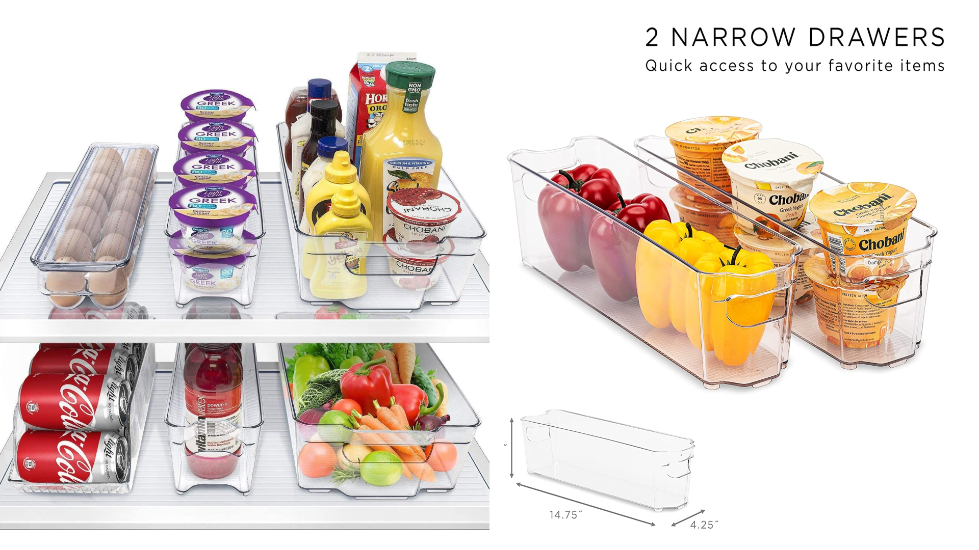 Clear bins for fridge organization