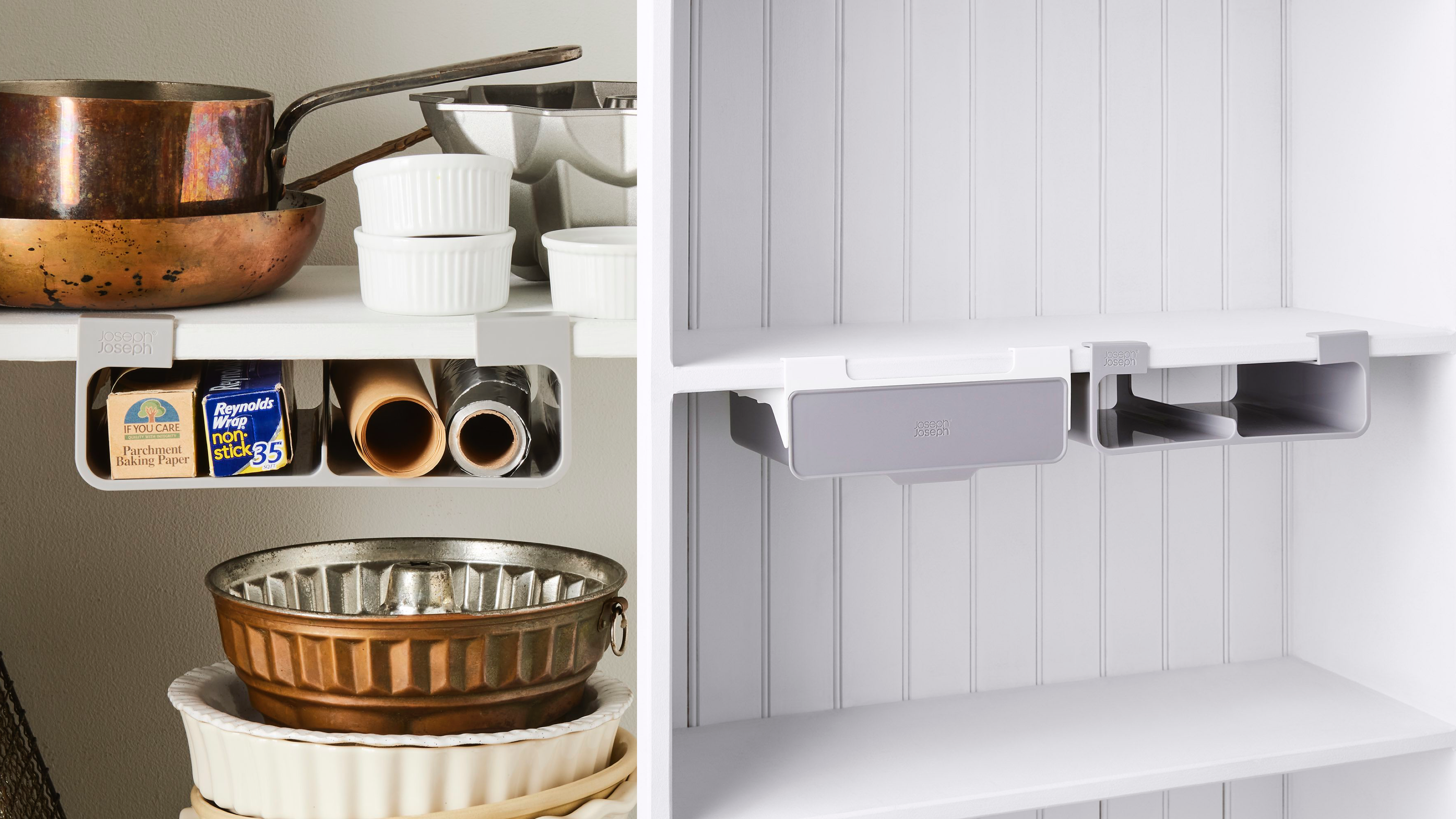 under-shelf storage drawers that attach to shelves without any tools needed