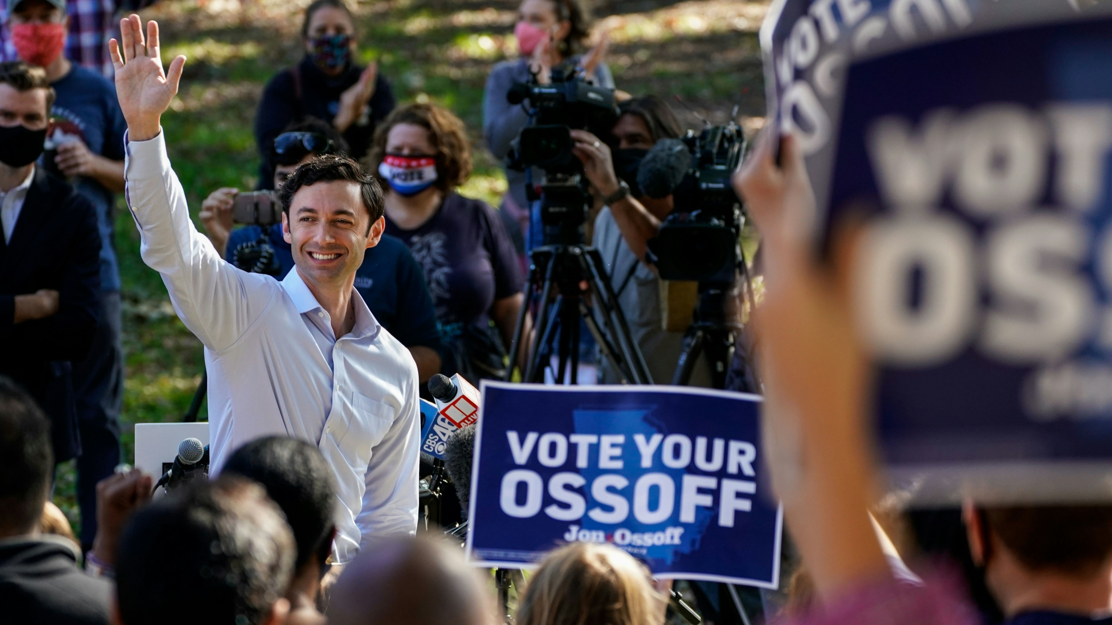 Jon Ossoff holds a campaign event at Grant Park on Friday, Nov. 6, 2020 in Atlanta, GA.