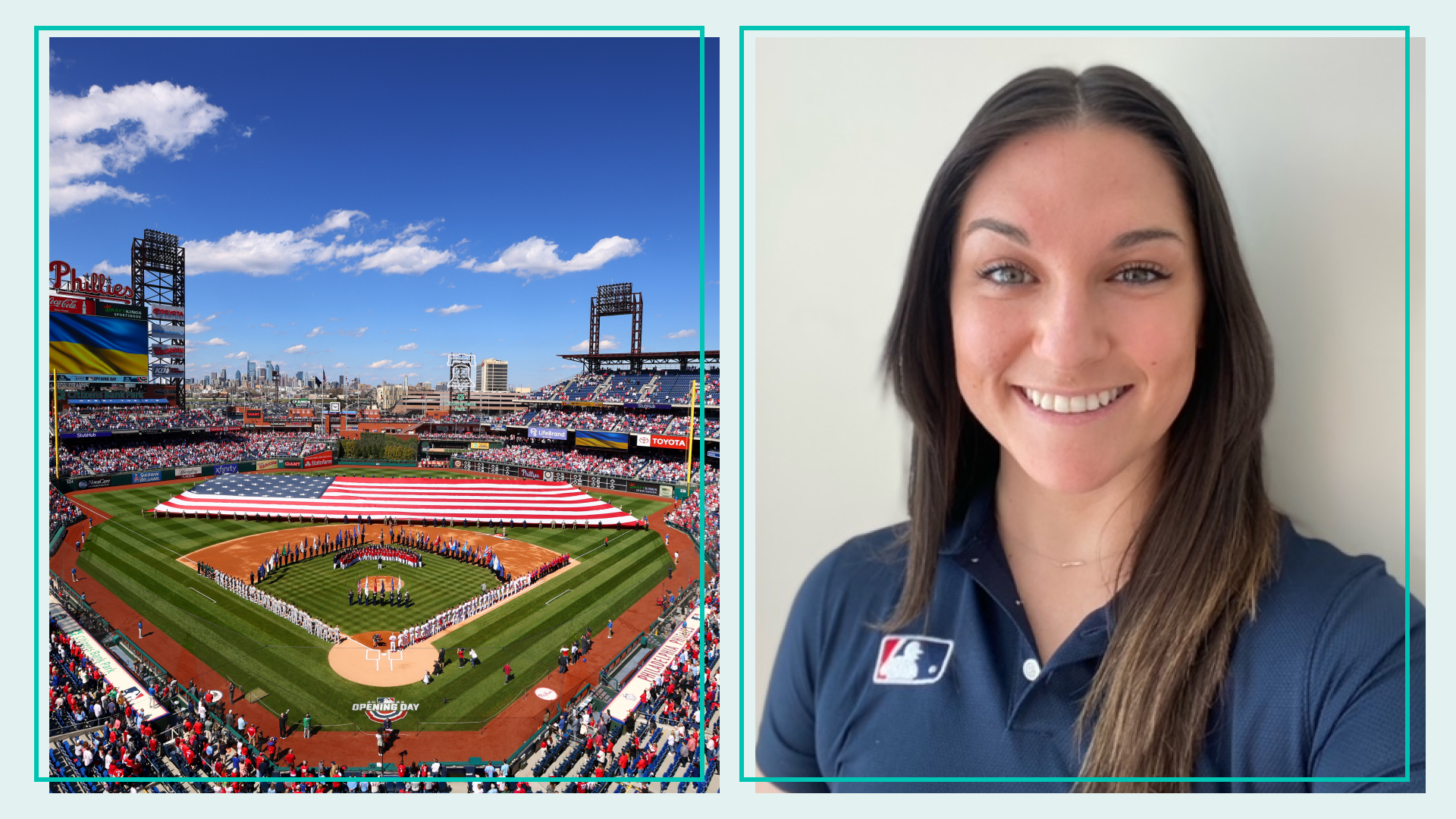 Left: An opening day baseball game between the Oakland Athletics and Philadelphia Phillies. Right: Headshot of Julia Hernandez, MLB’s coordinator of on-field operation.