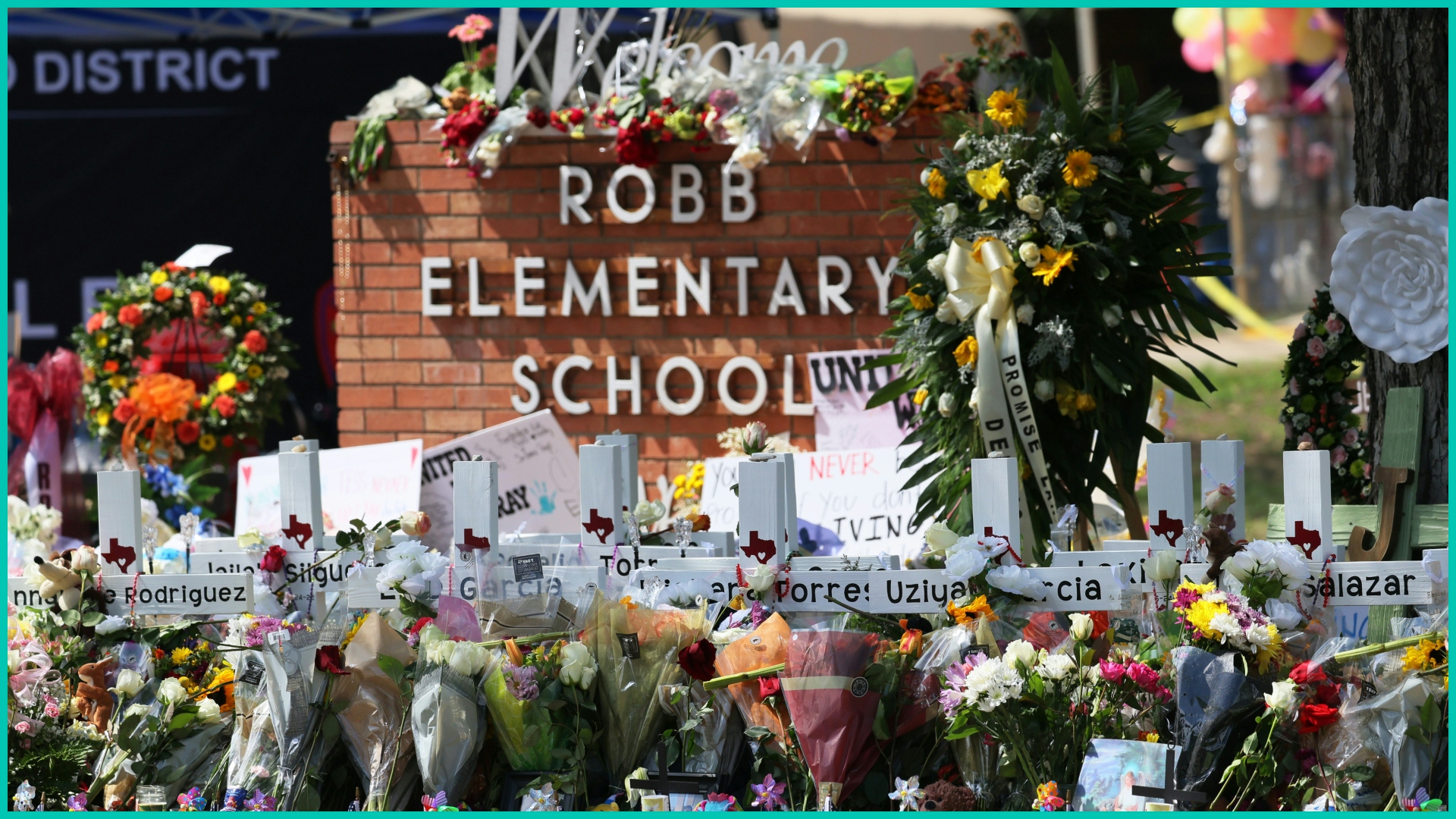 A memorial for the victim's of Tuesday's mass shooting at Robb Elementary School is seen on May 27, 2022 in Uvalde, Texas.