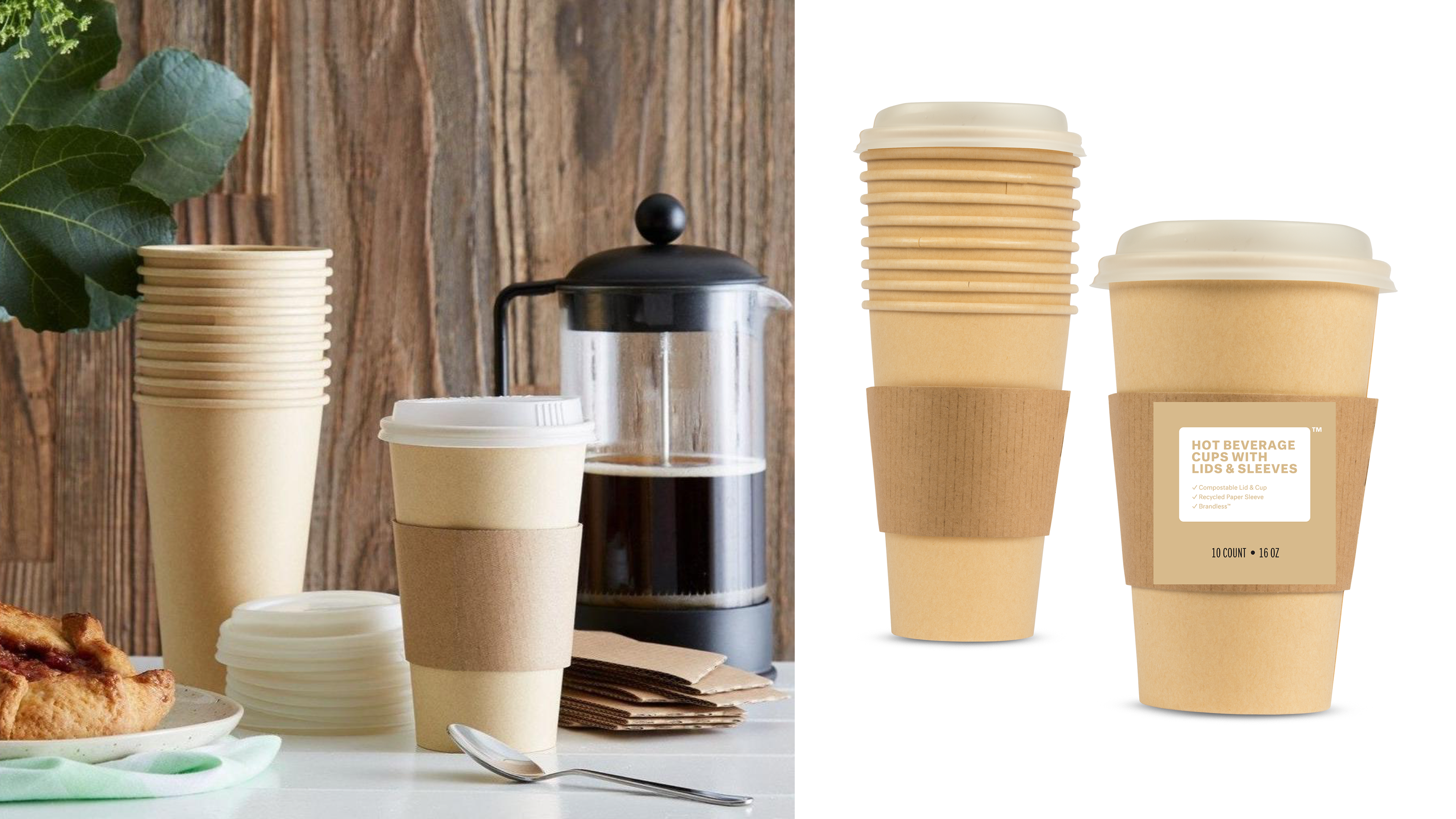 compostable single-use coffee cups with recycled cardboard sleeves