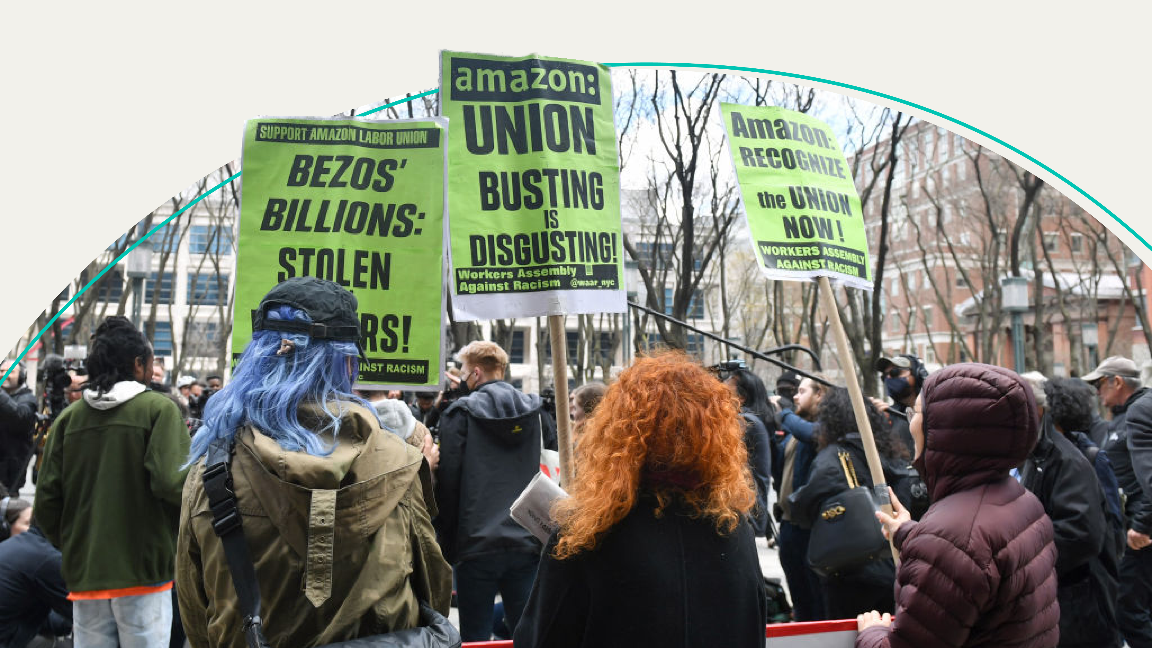 Amazon union supporters holding signs in New York.
