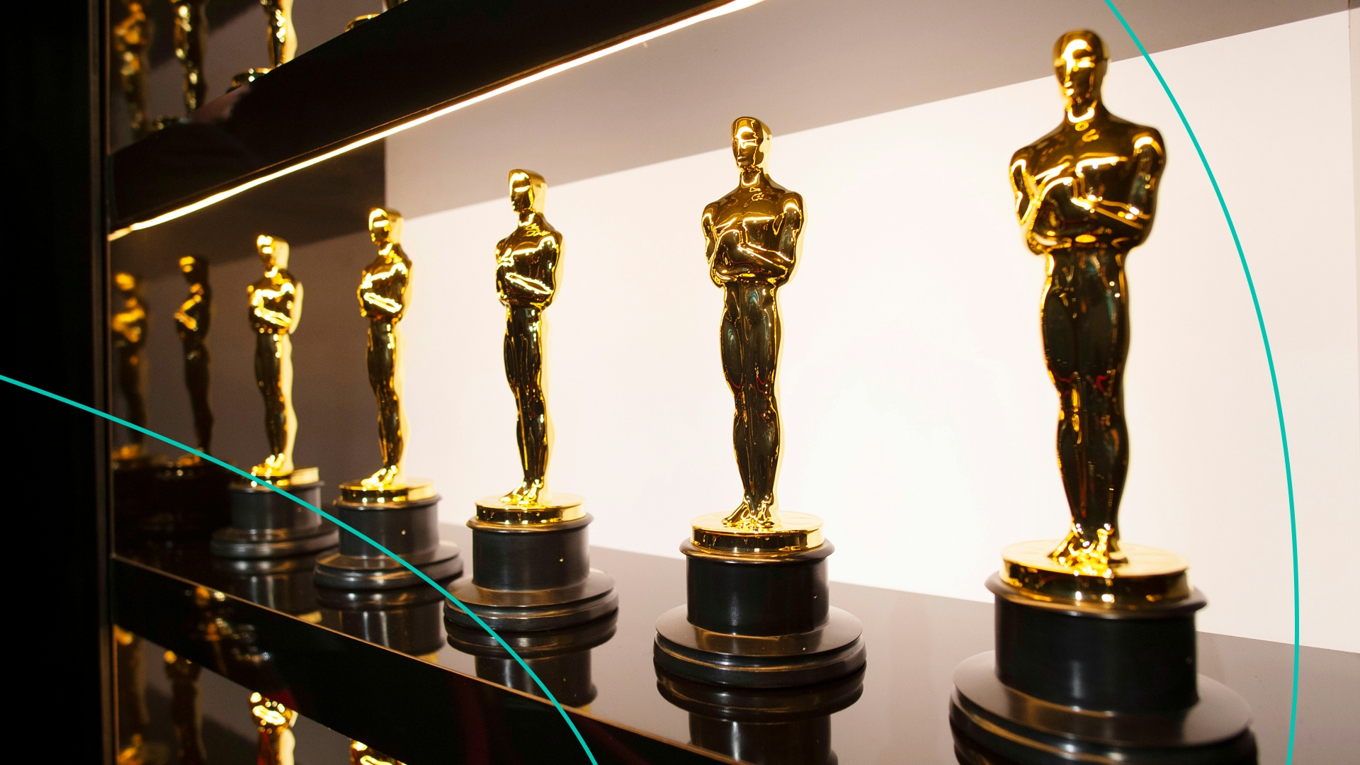 Oscars awards lined up on a shelf