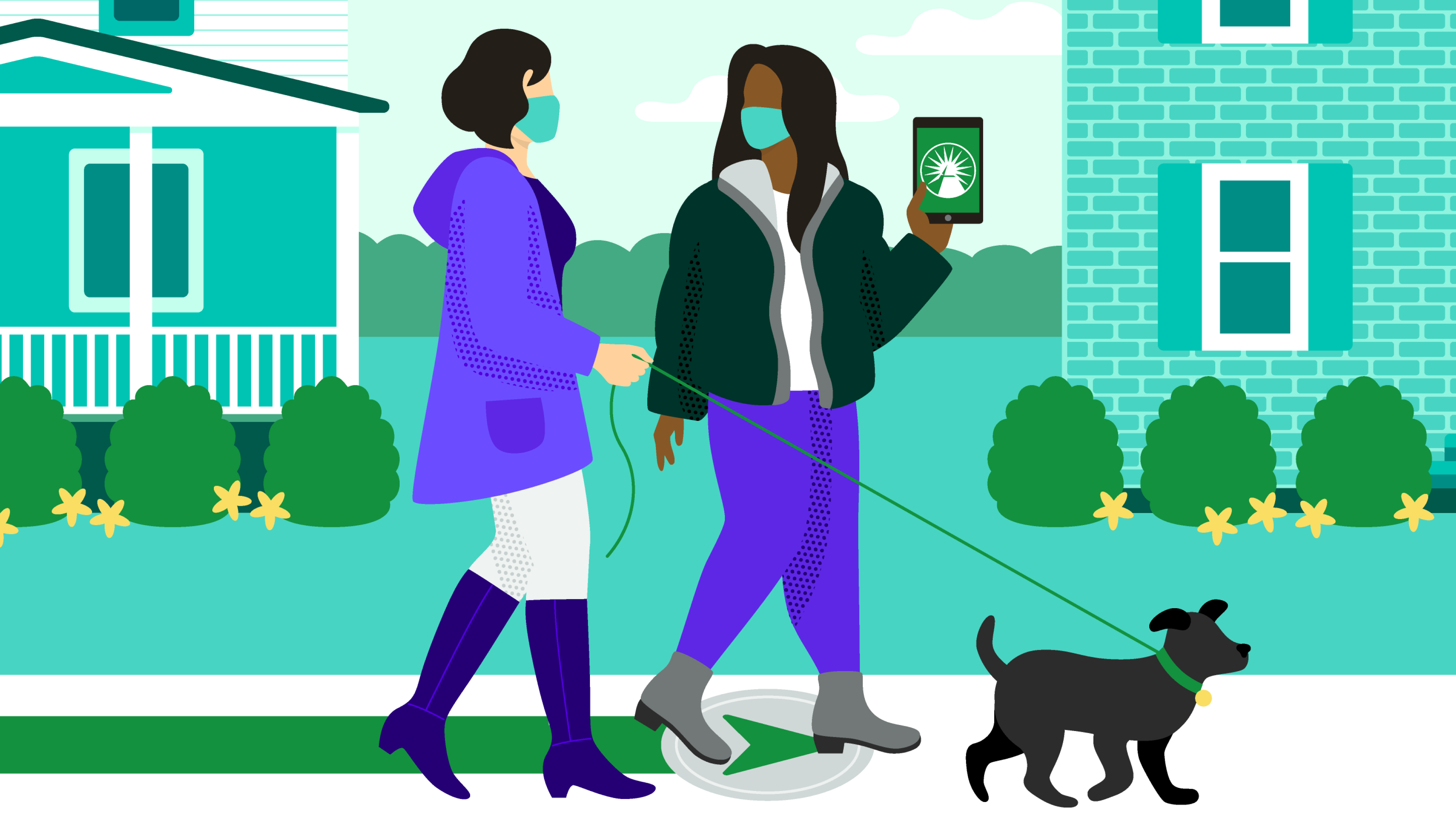 Two women walking a dog with Fidelity app on phone