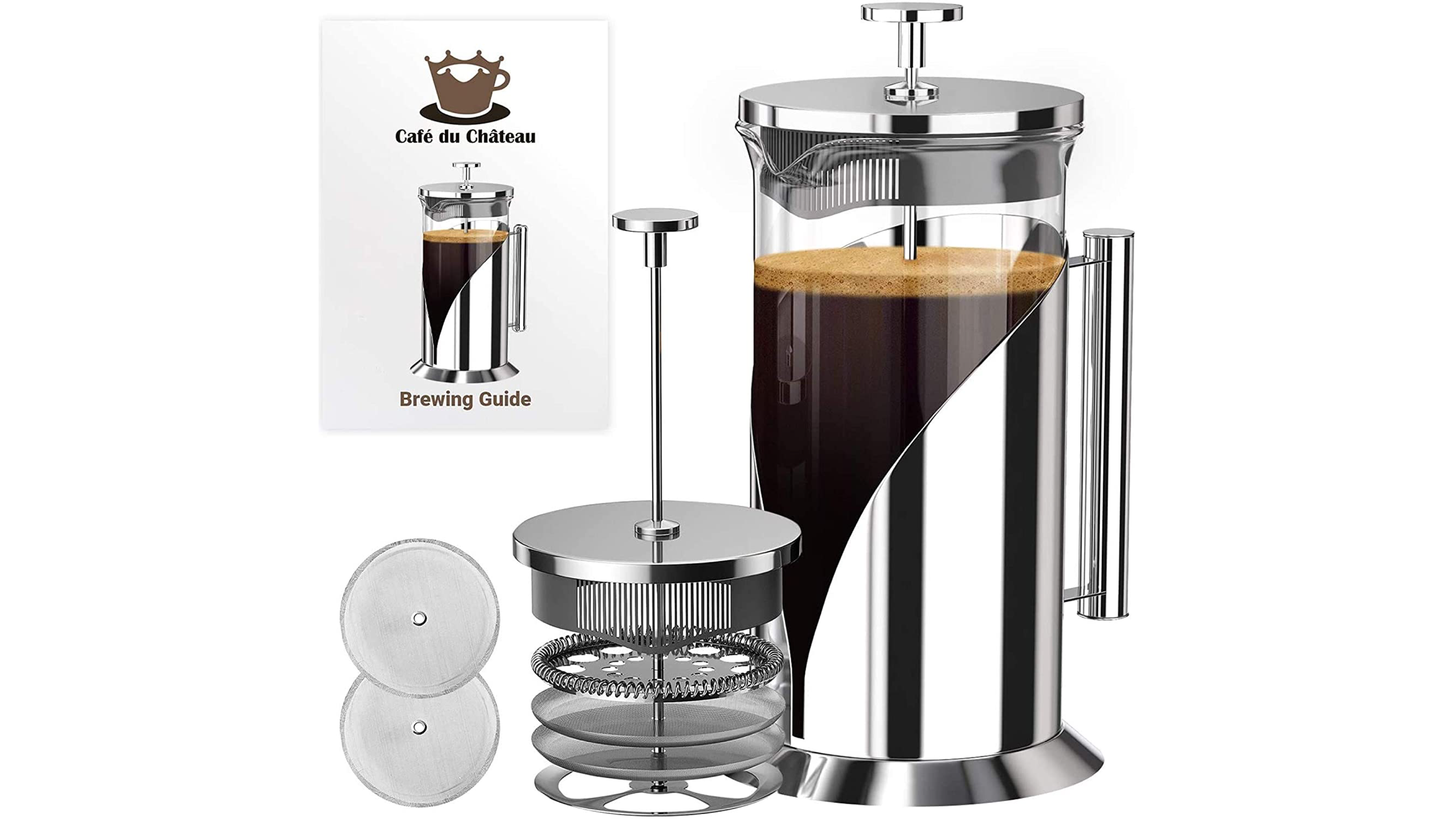 glass and stainless steel french press for freshly brewed coffee