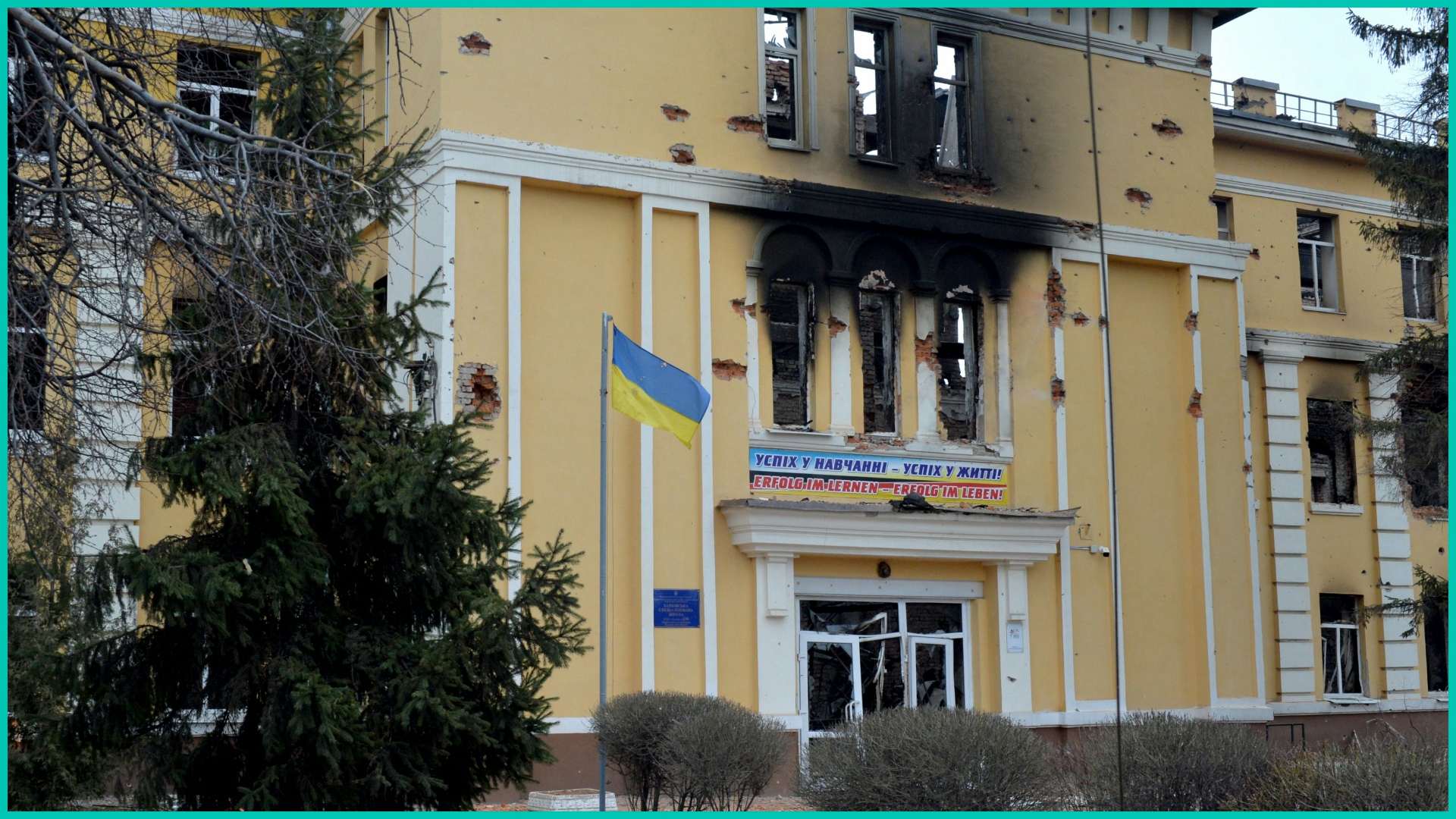 This photograph shows a view of a school destroyed as a result of fight not far from the center of Ukrainian city of Kharkiv,