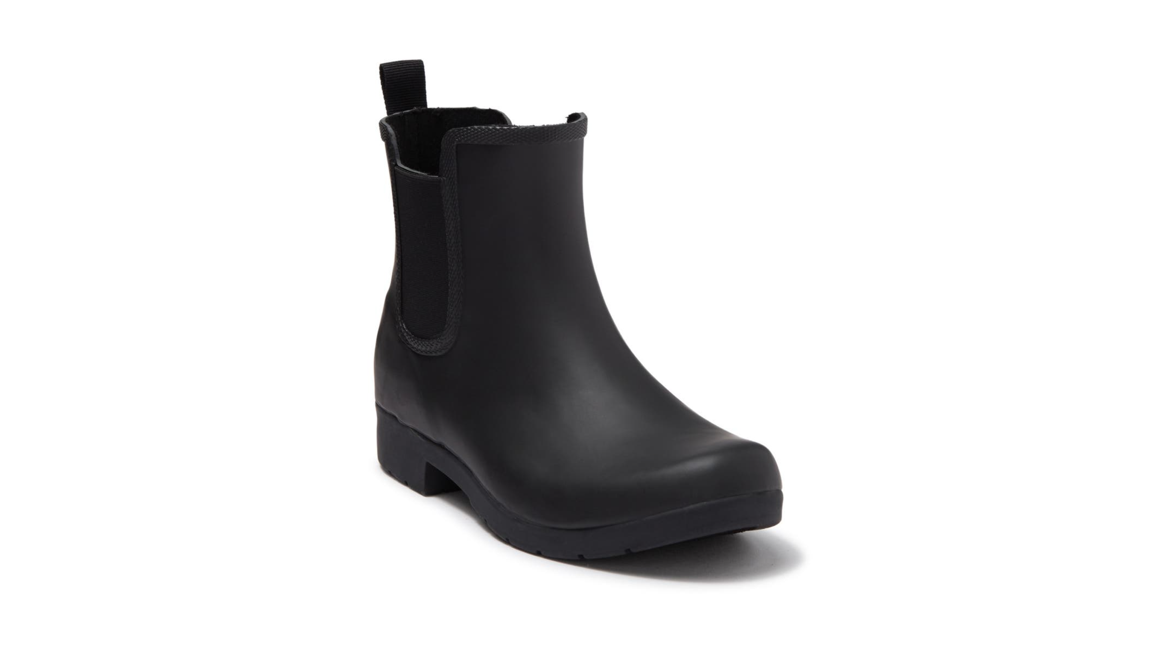 chelsea-style ankle-height black waterproof rain boots