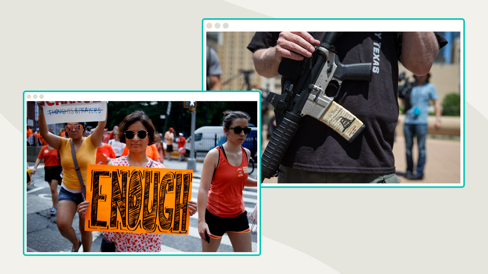 Two photos side-by-side show protesters calling for gun reform and a close-up of an assault-style rifle