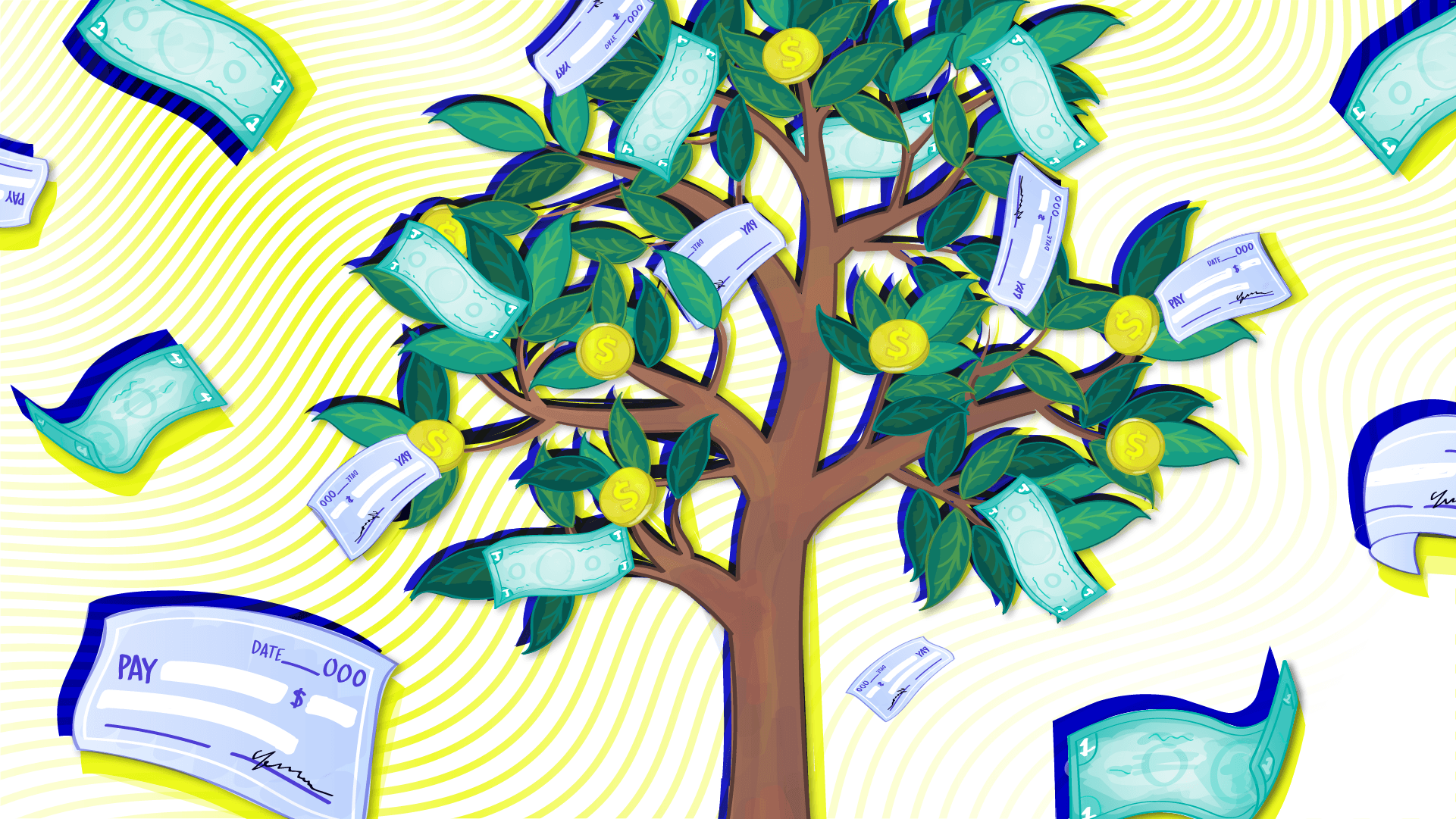 How to paycheck yourself_face the future money tree with dollar bills falling