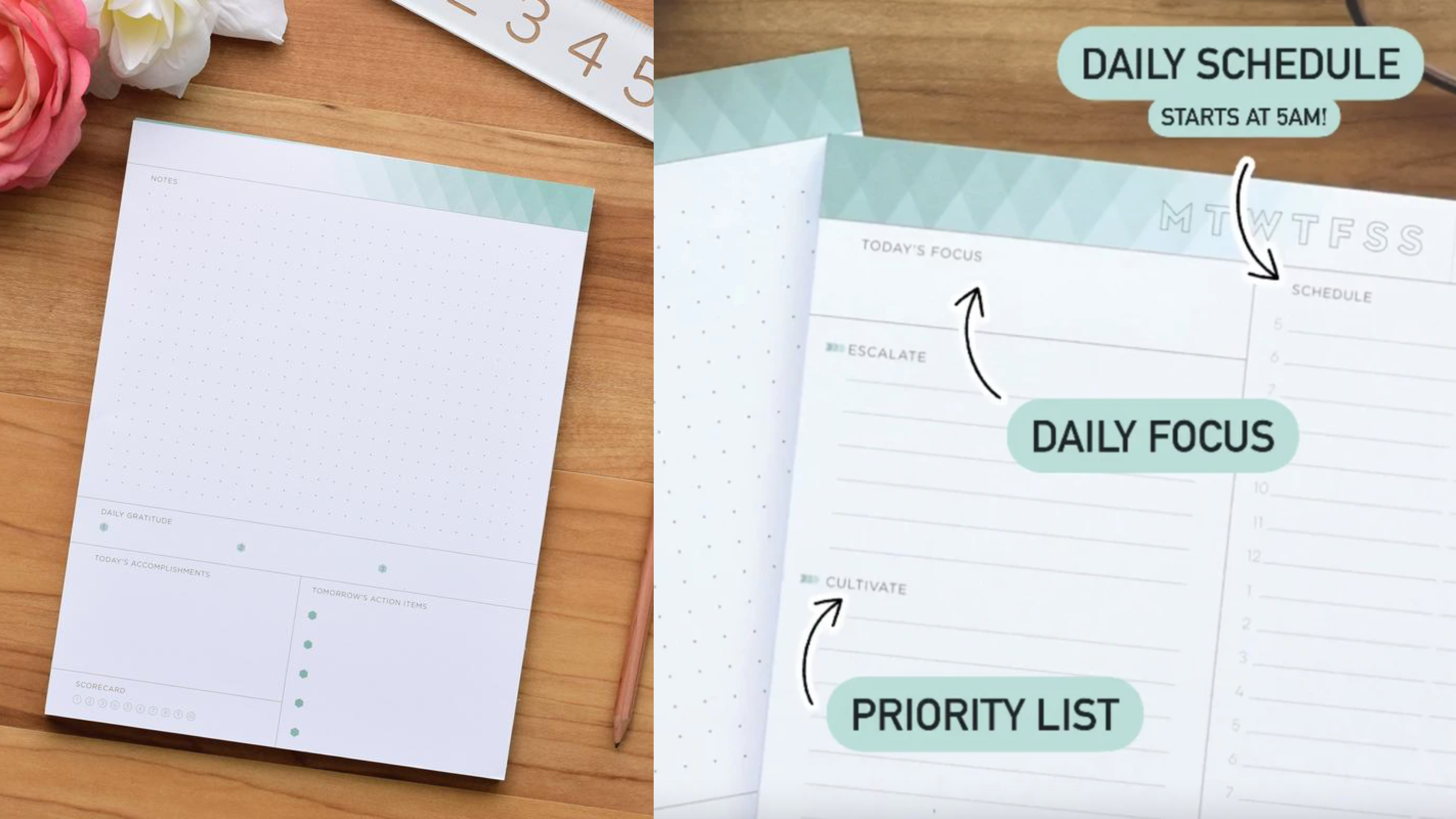 daily notepad with different sections for organization