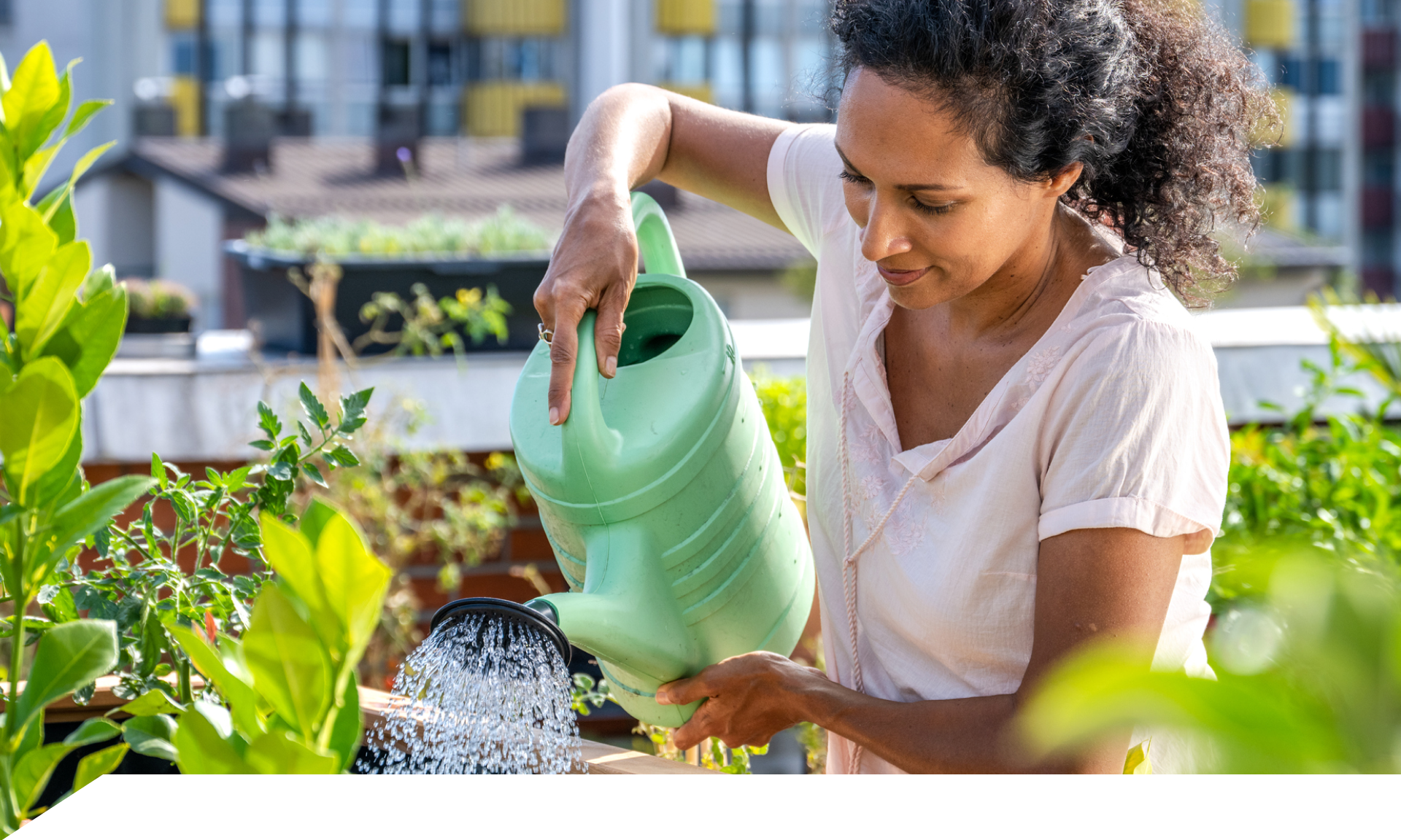 woman watering rooftop garden