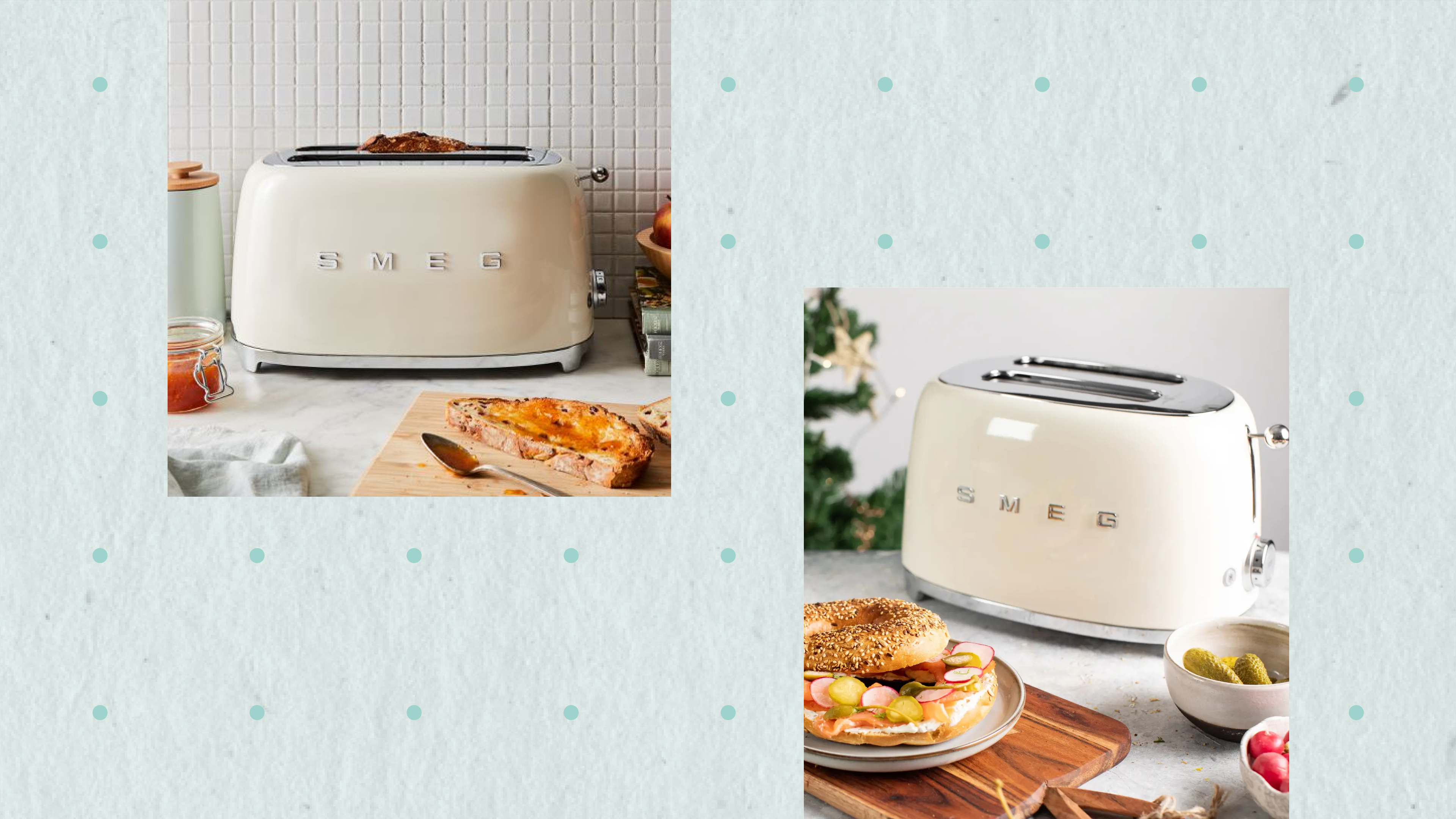 Smeg toaster in cream set on a table alongside a food spread