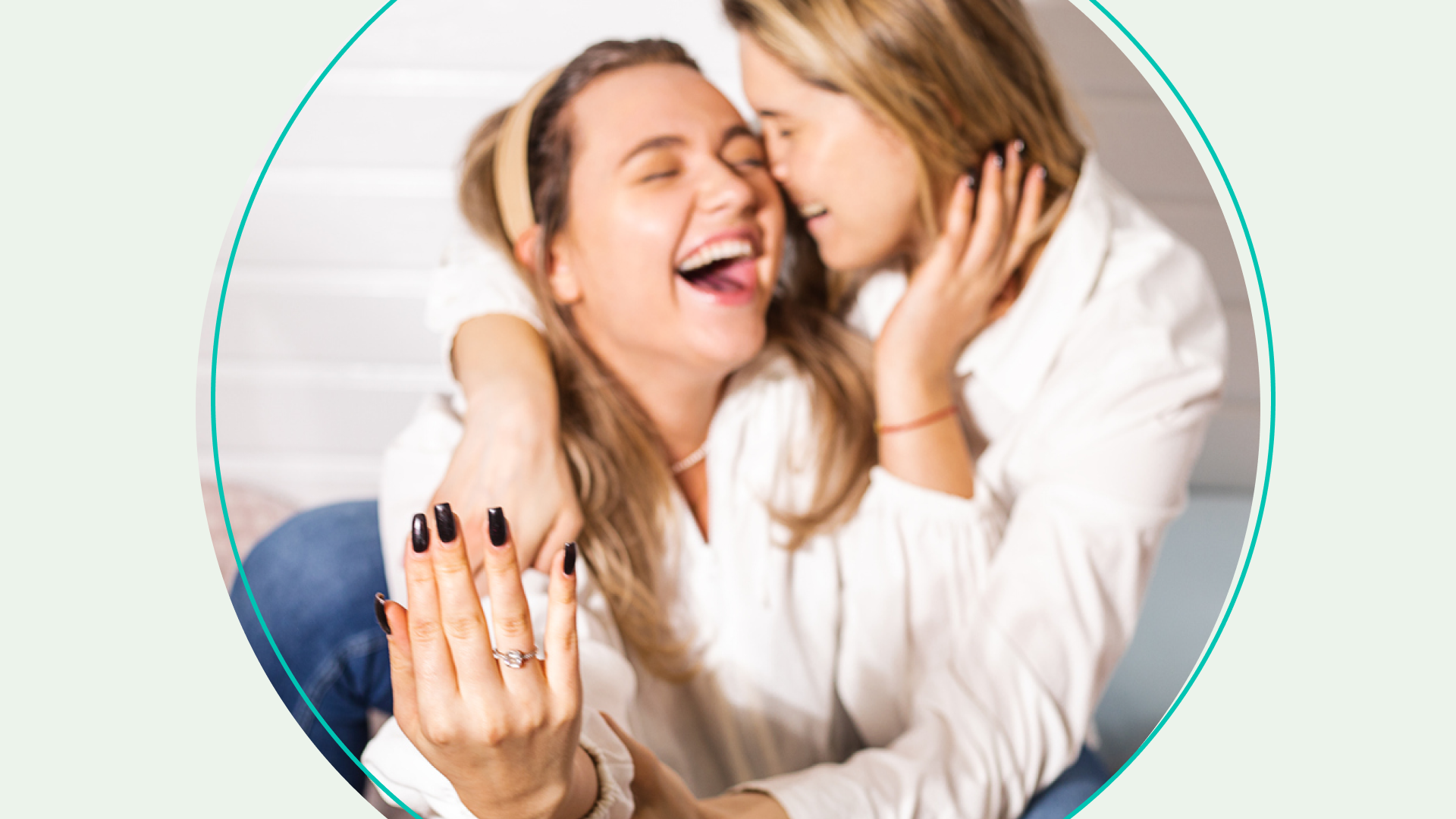 accessibility, couple hugging and showing engagement ring