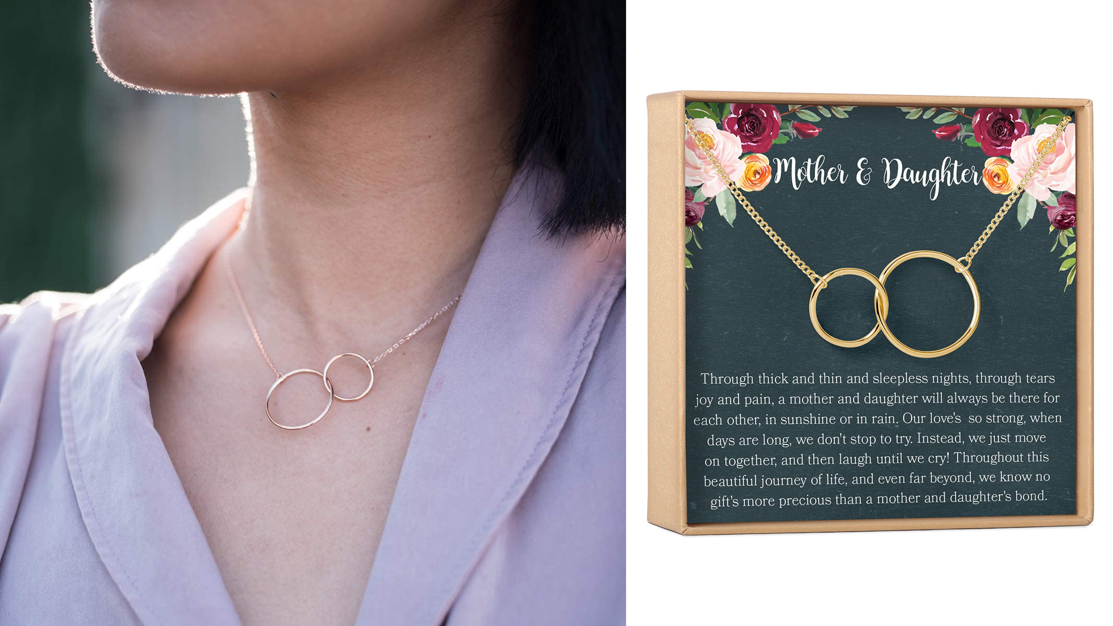 gold-plated interlocking circles necklace to represent the bond between you and your mother