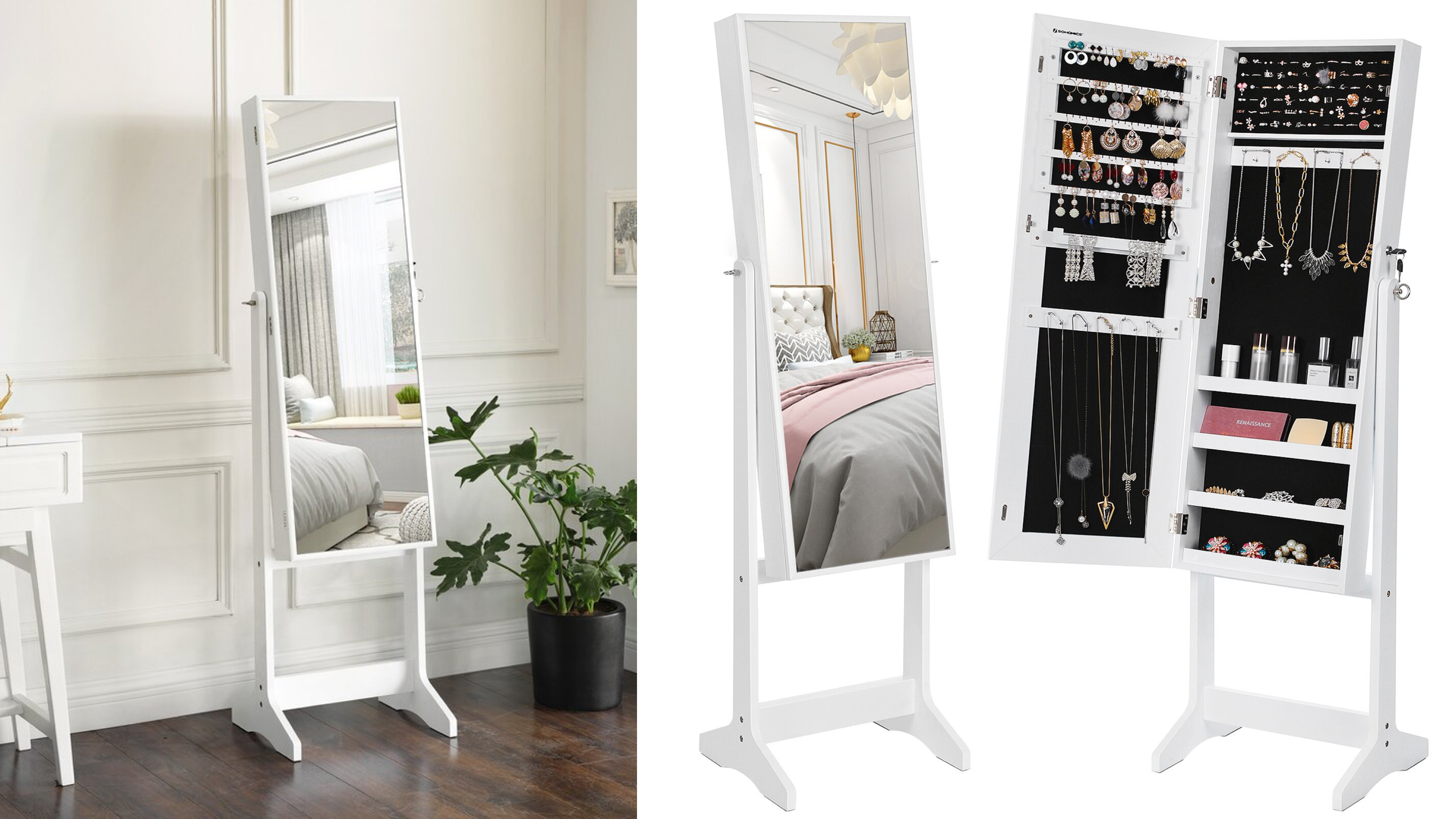 jewelry cabinet that locks with a front-facing mirror