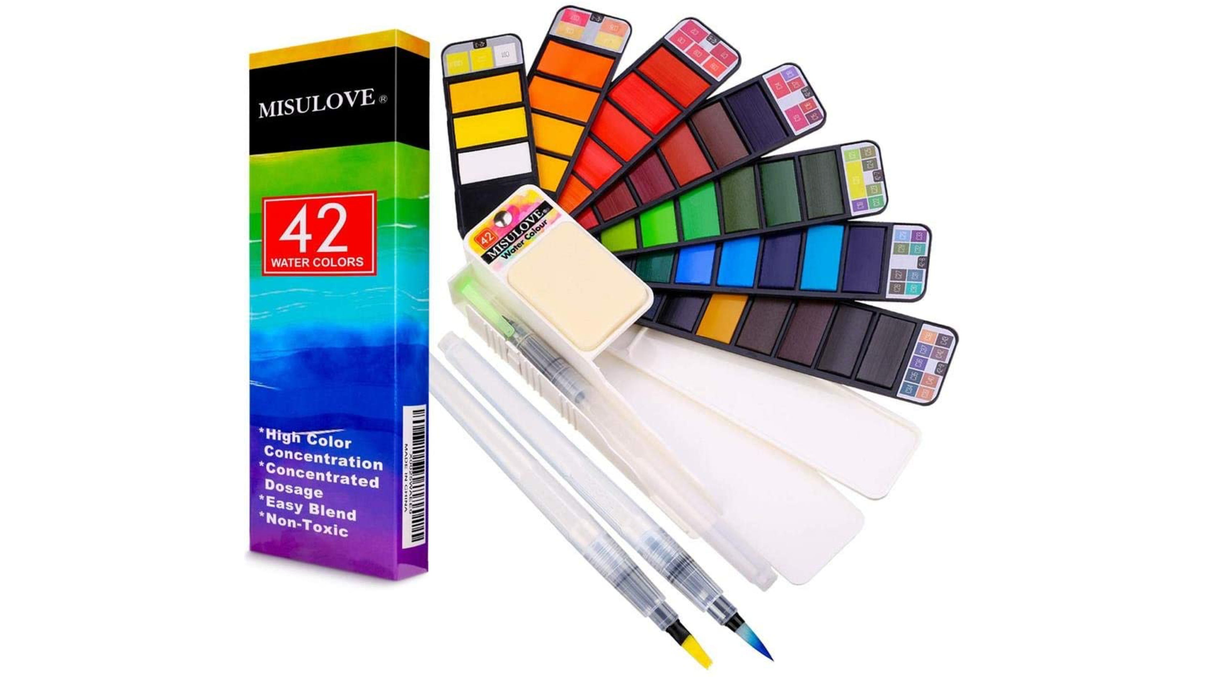 compact watercolor set with 42 colors and brushes that dispense water
