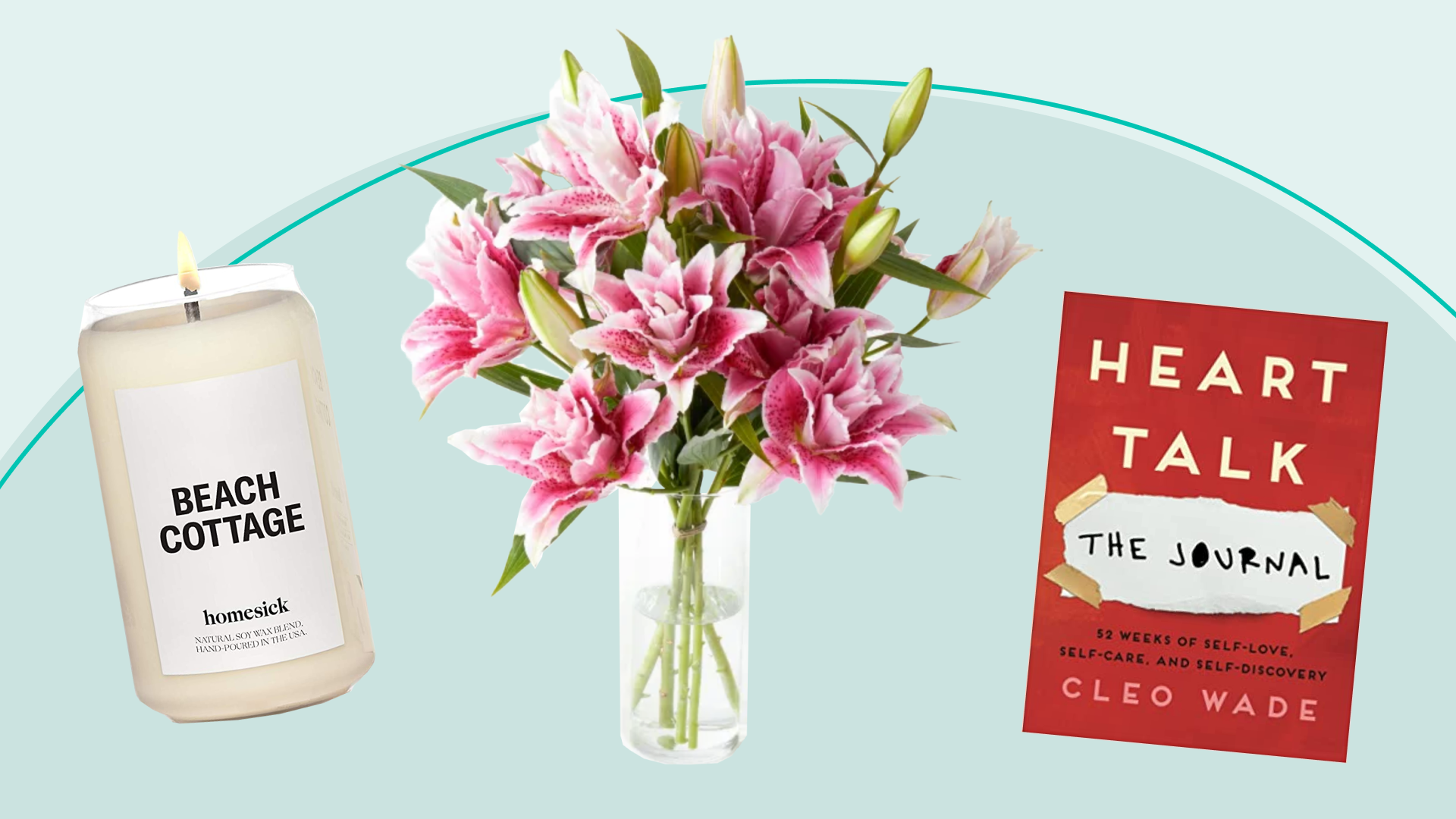 A candle, bouquet of pink flowers, and book on heartbreak 