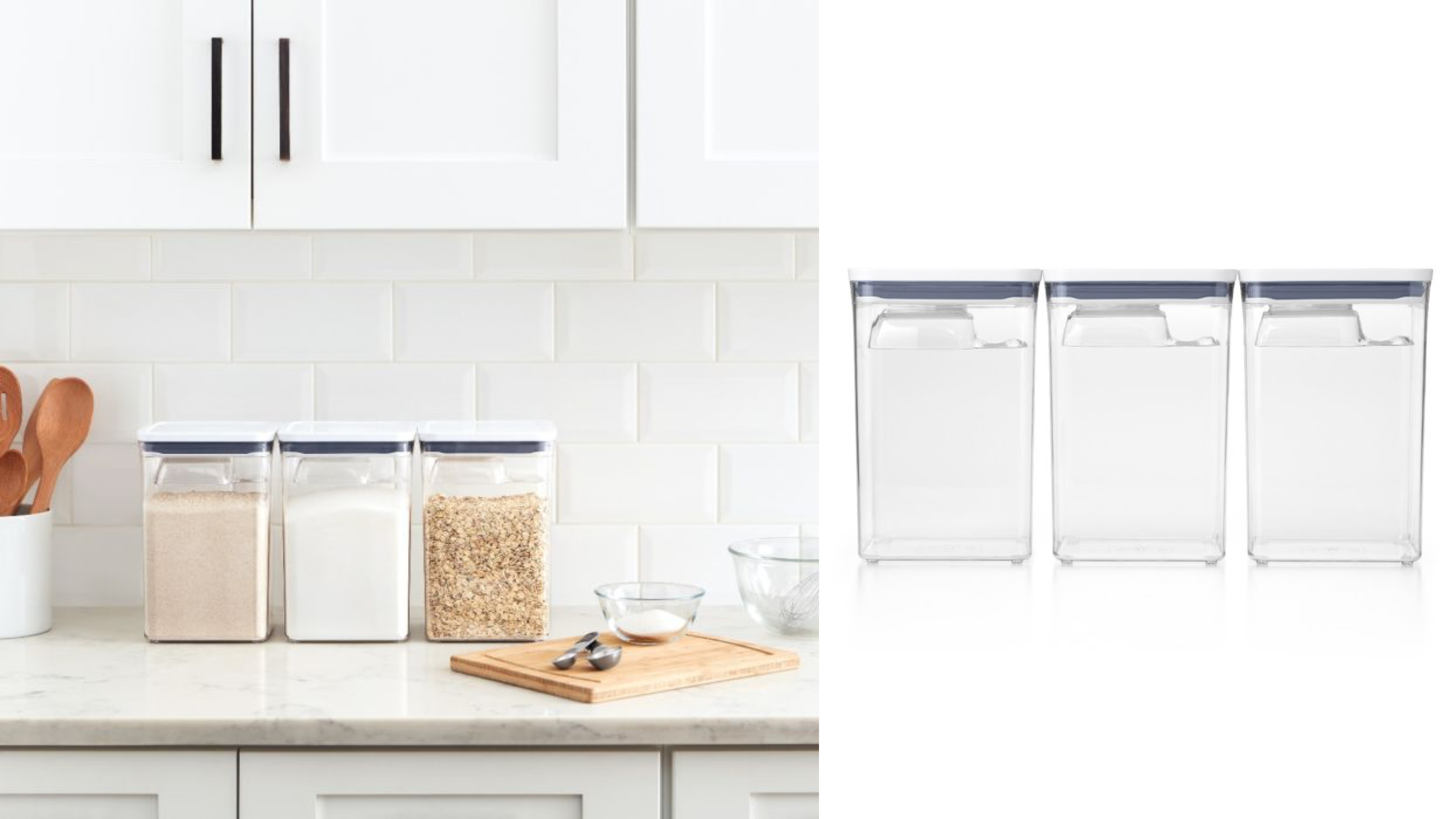 airtight storage containers for foods like grains, cereal, rice, pasta, and flour