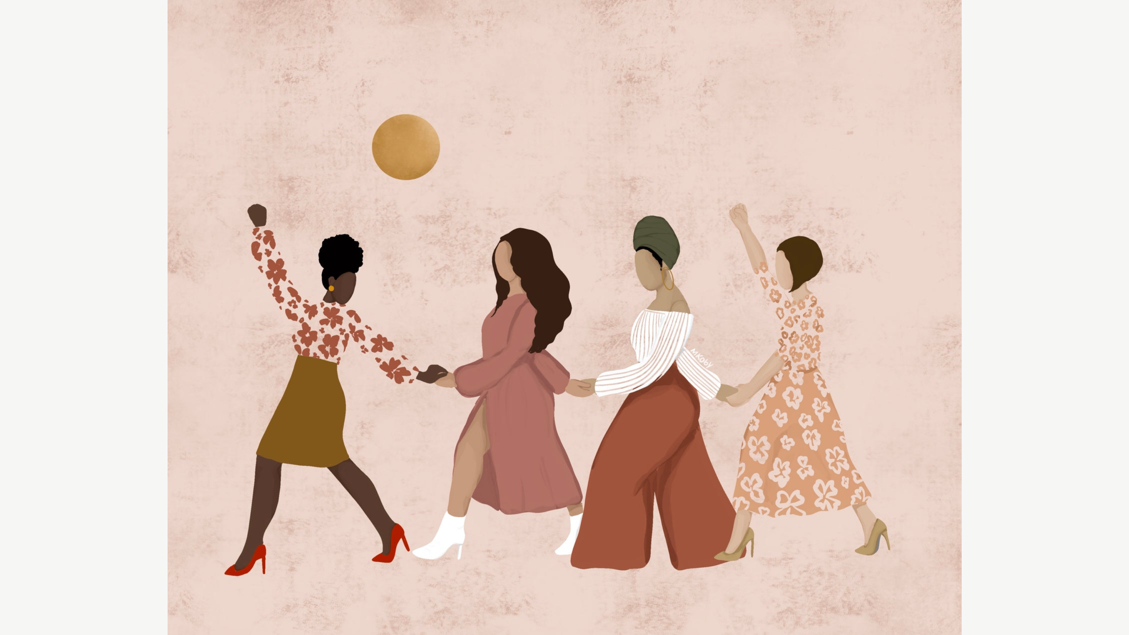 progress print meant to symbolize unity, four women holding hands marching