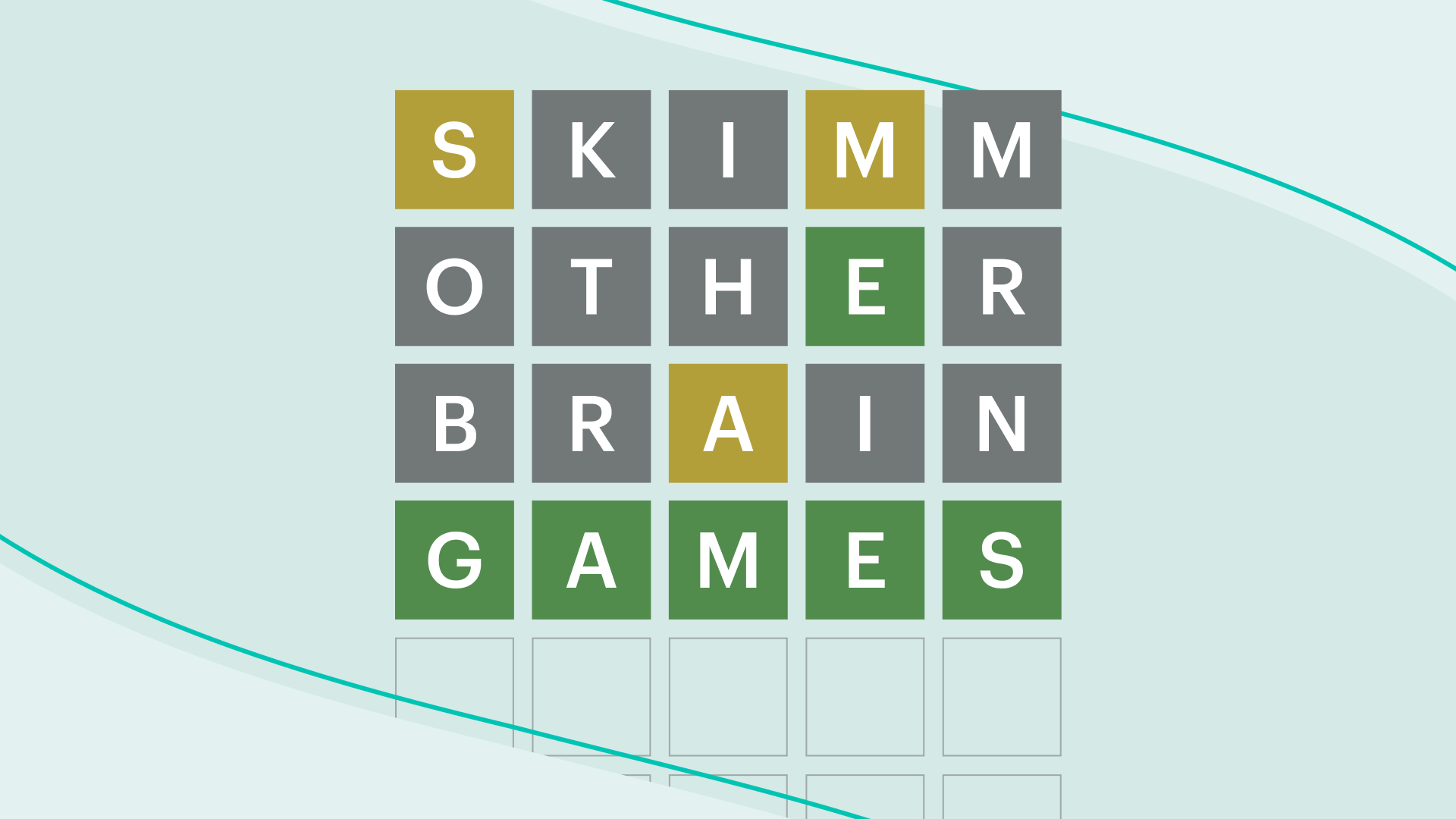 A solved Wordle puzzle that says "Skimm Other Brain Games"