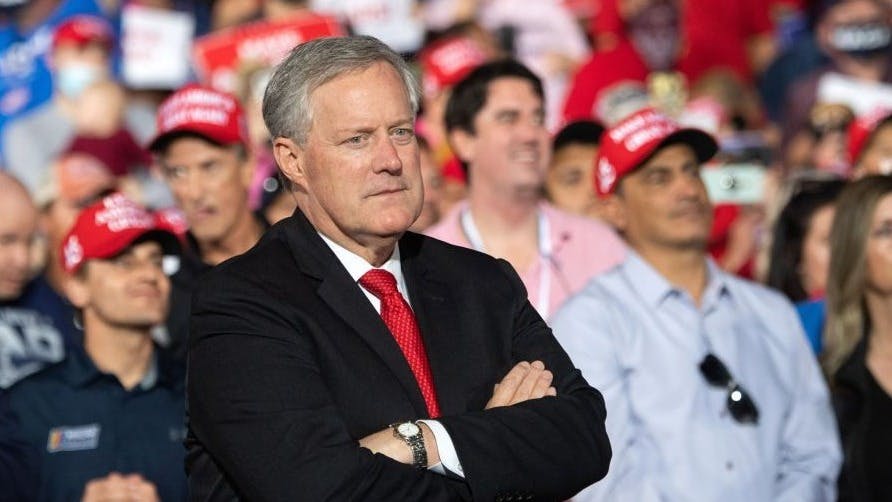Former White House Chief of Staff Mark Meadows listens at a rally for former President Donald Trump in 2020.