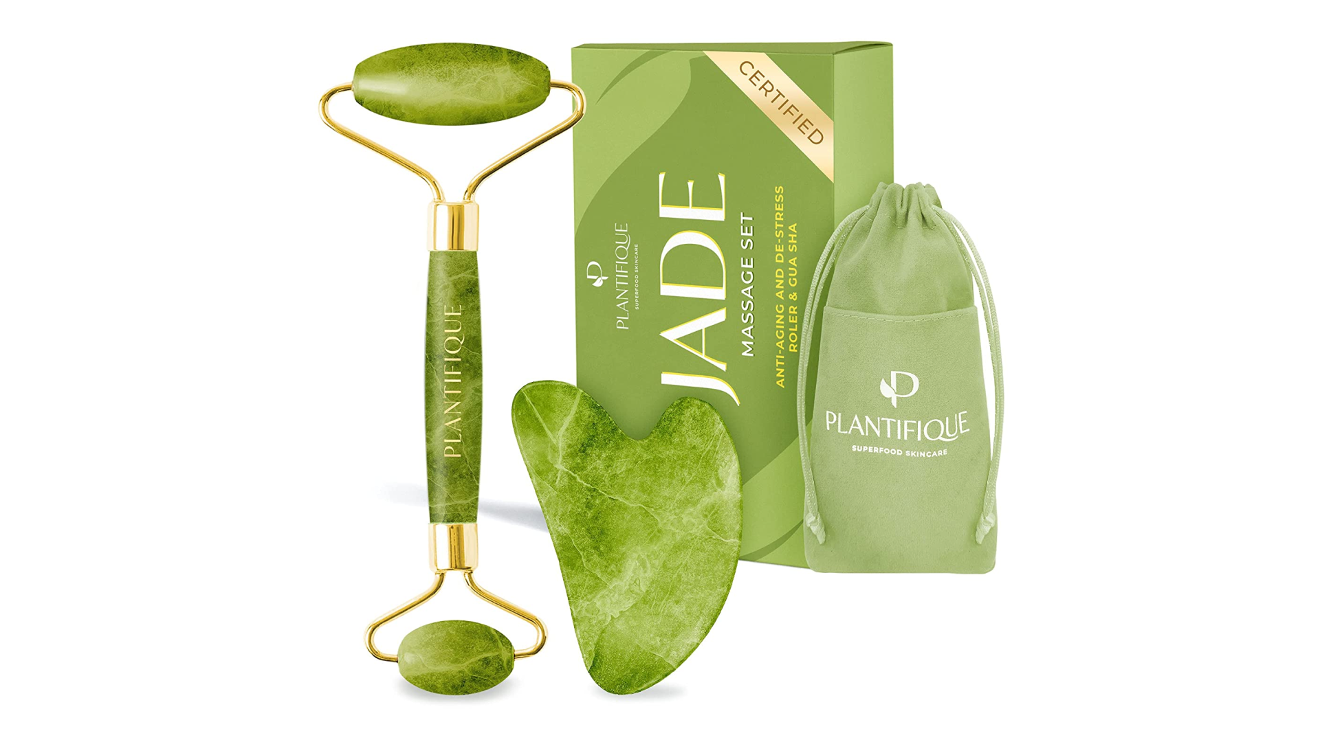 green jade roller and gua sha tool set to massage your face with, can help with puffiness under eyes