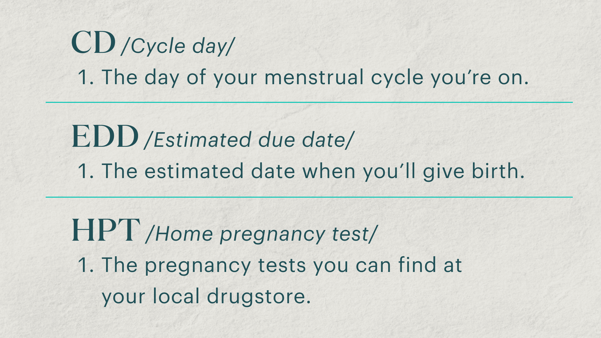 CD: The day of your menstrual cycle you're on / EDD: The estimated date when you'll give birth / HPT: The pregnancy tests you can find at your local drugstore