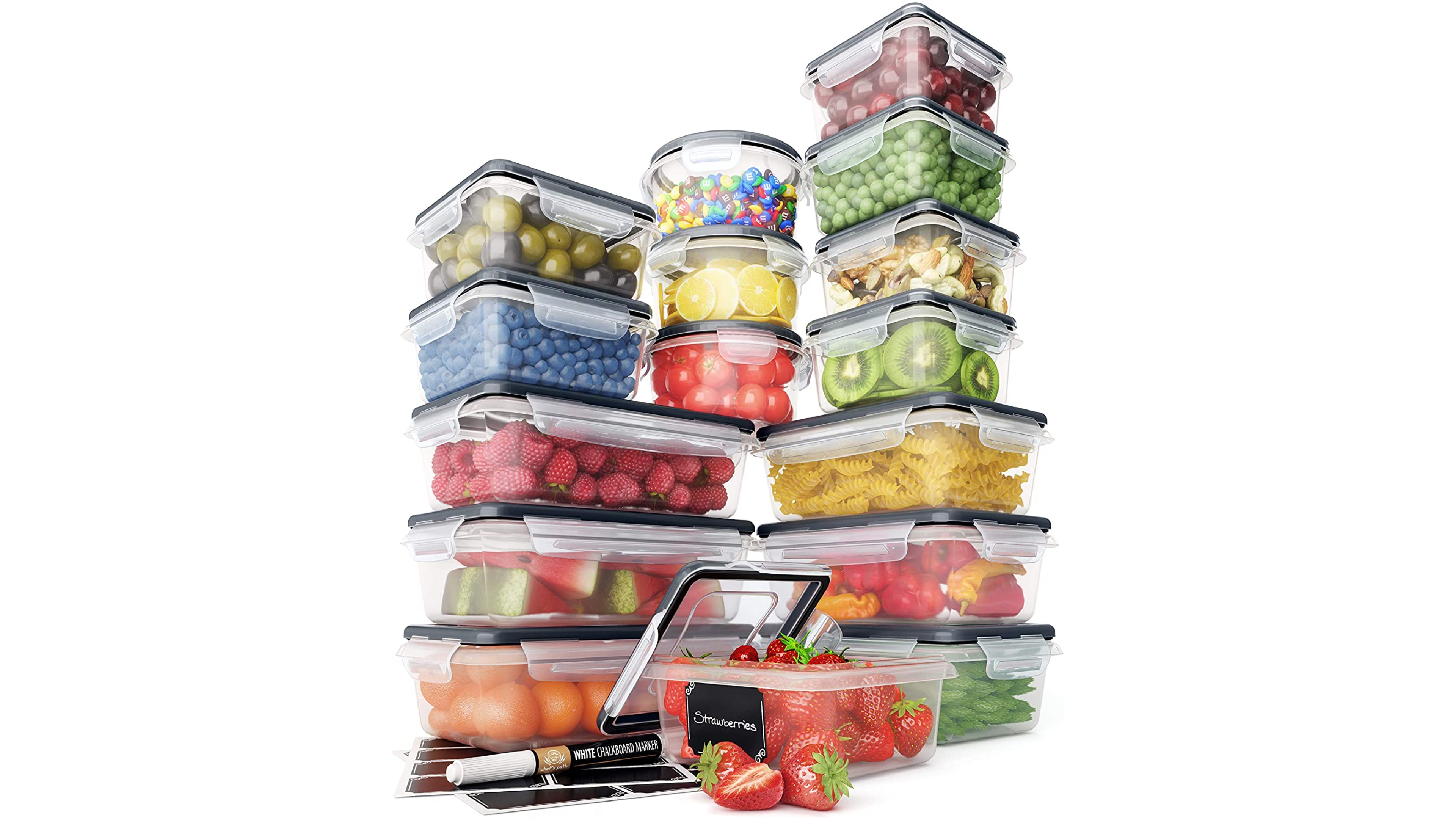 food storage containers for leftovers, fruit, ingredients, and loose food
