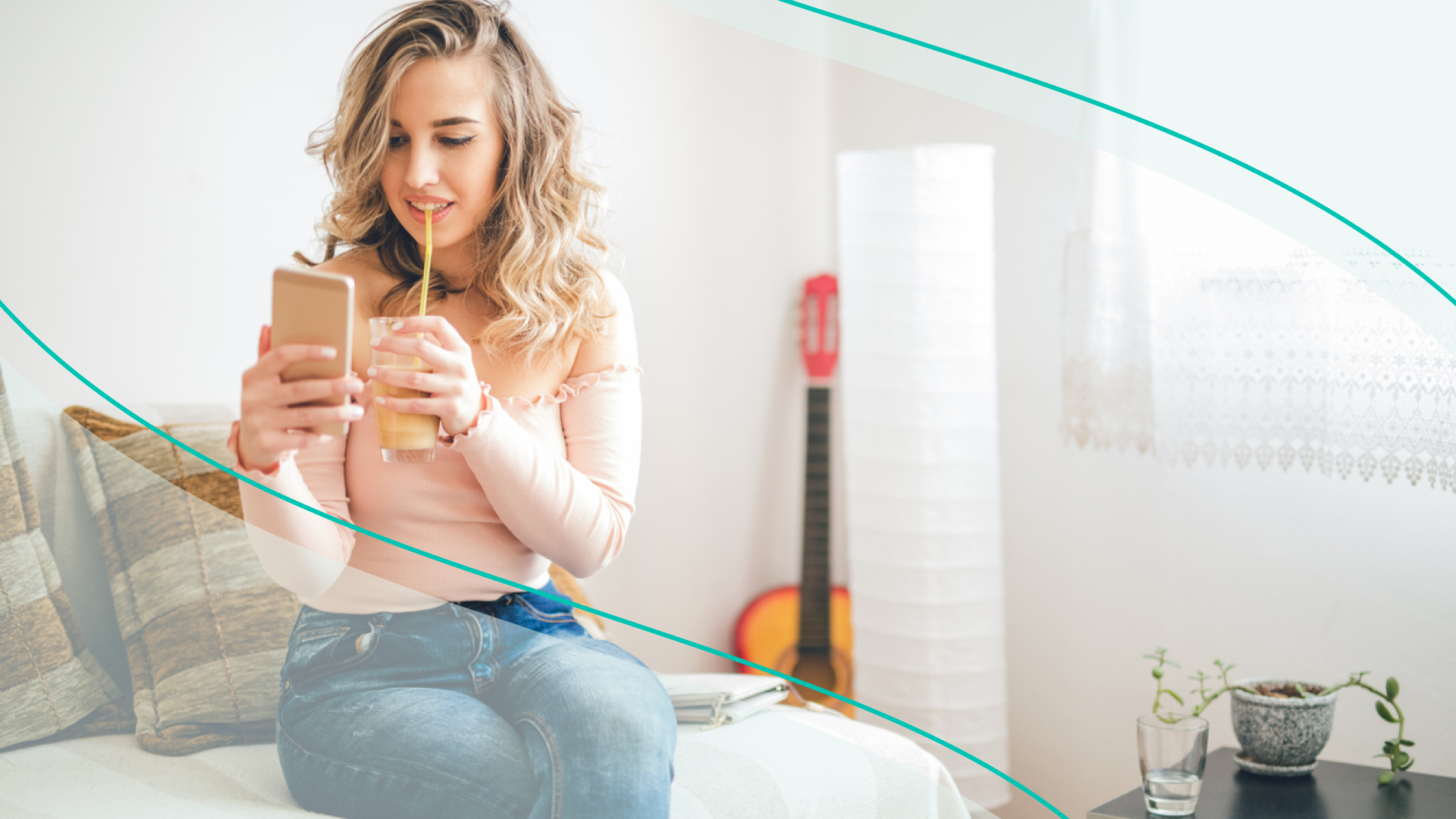 accessibility, woman viewing cell phone while drinking from a straw