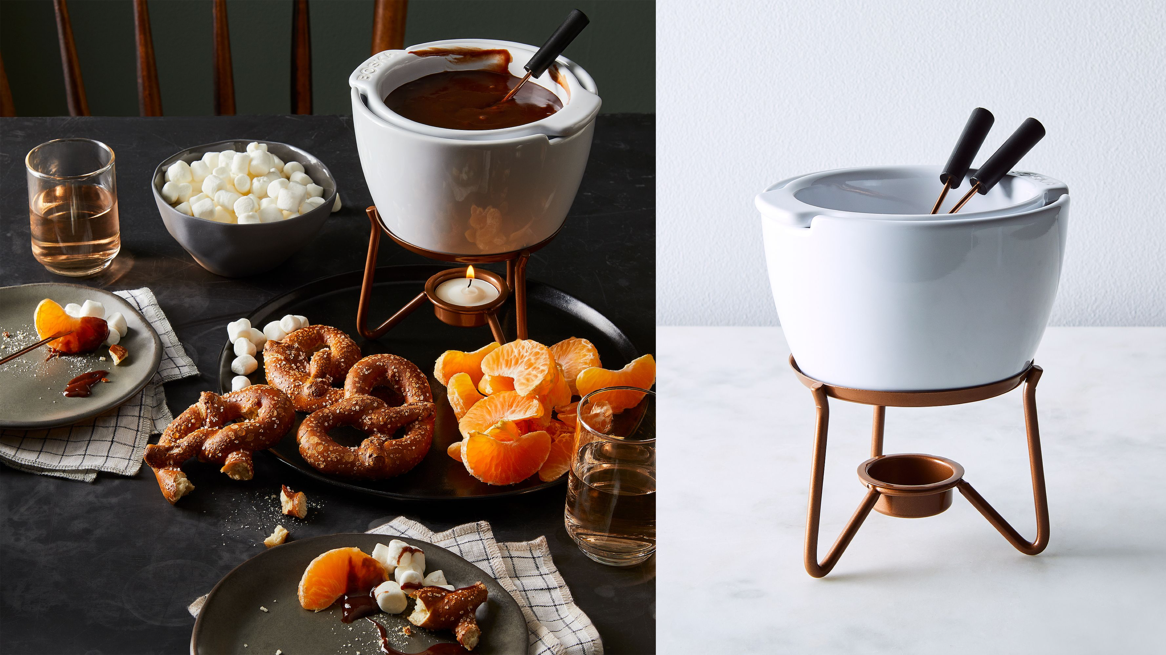 fondue pot with sticks for dipping sweets and fruit