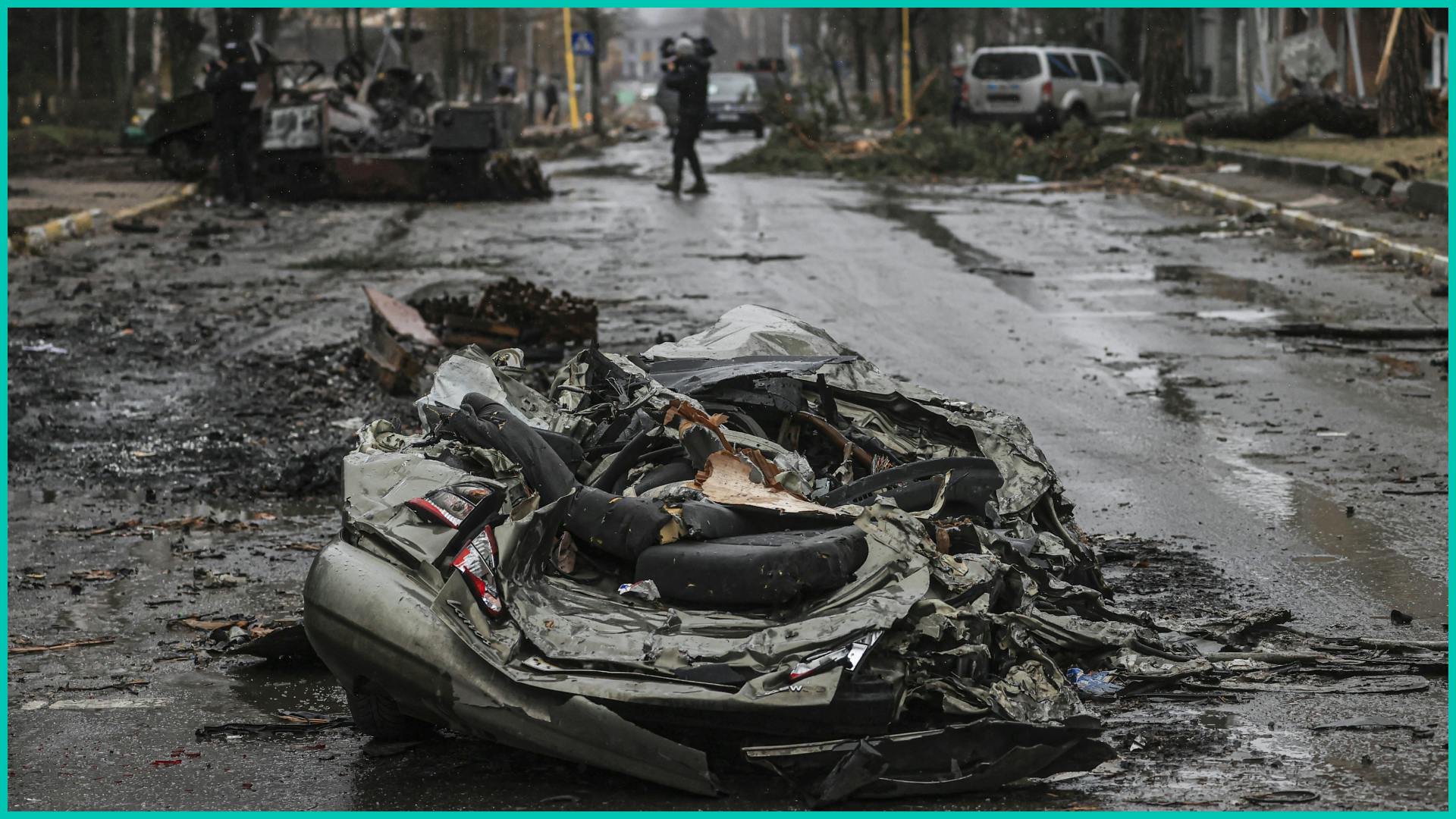 A crushed vehicle outside of Kyiv