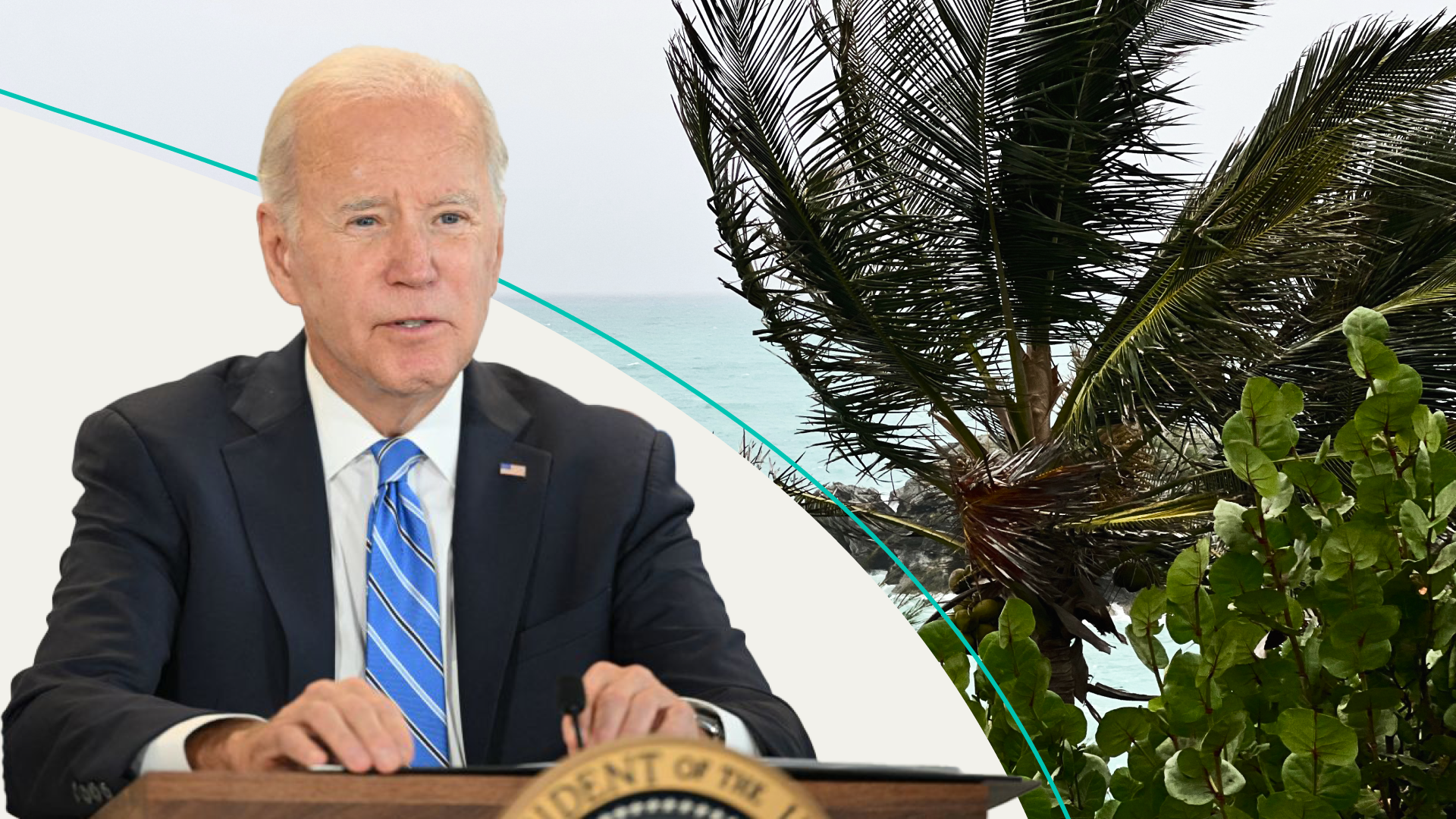 President Joe Biden next to wind-blown trees