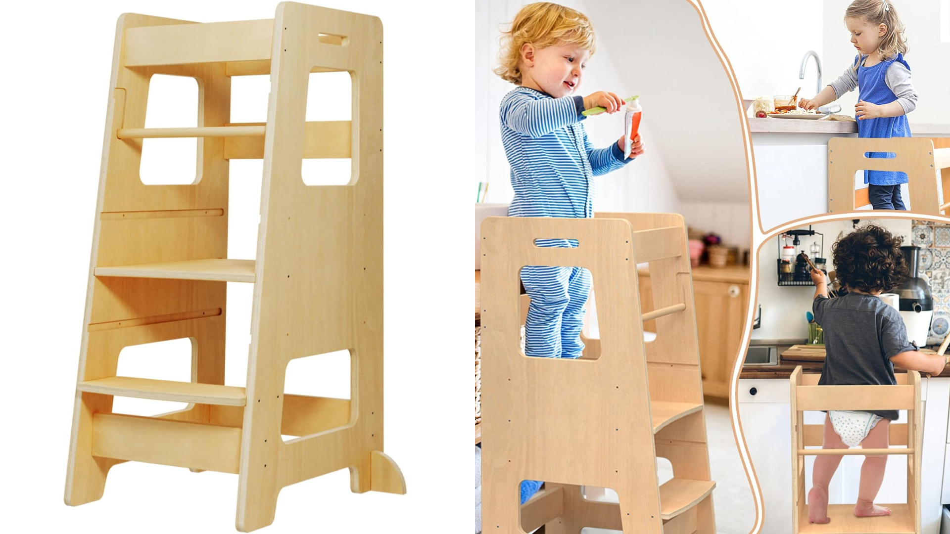 wooden kitchen stool with safety bar for kids