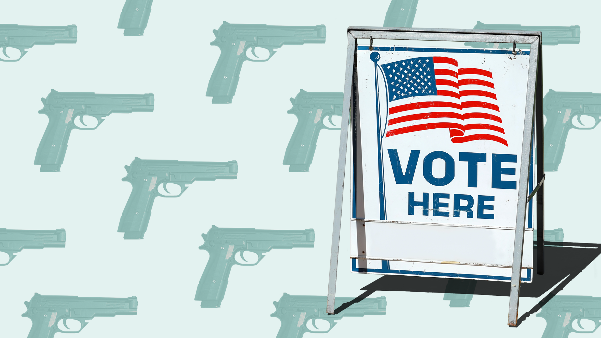 Vote here sign with guns in the background