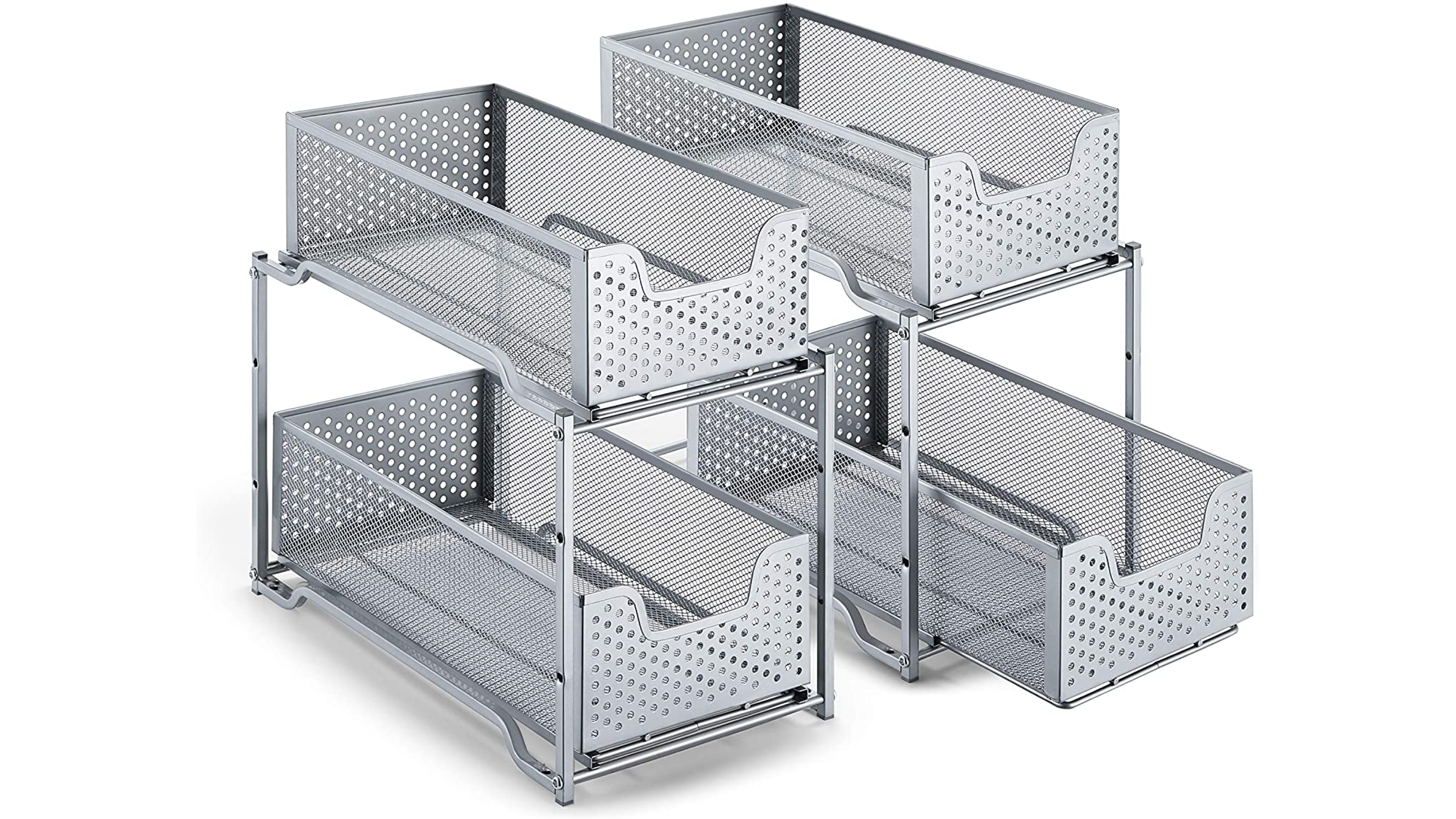 metal two-tier sliding storage units for under-sink organization
