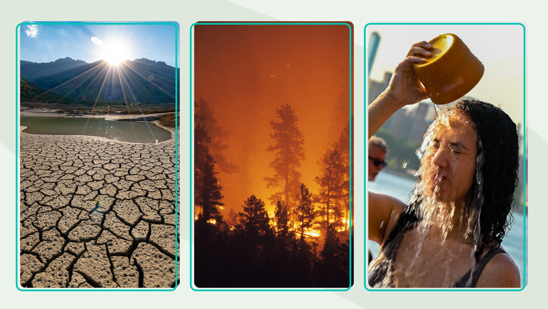 A montage of images showing a drought, wildfire, and person pouring water on themselves because of the heat